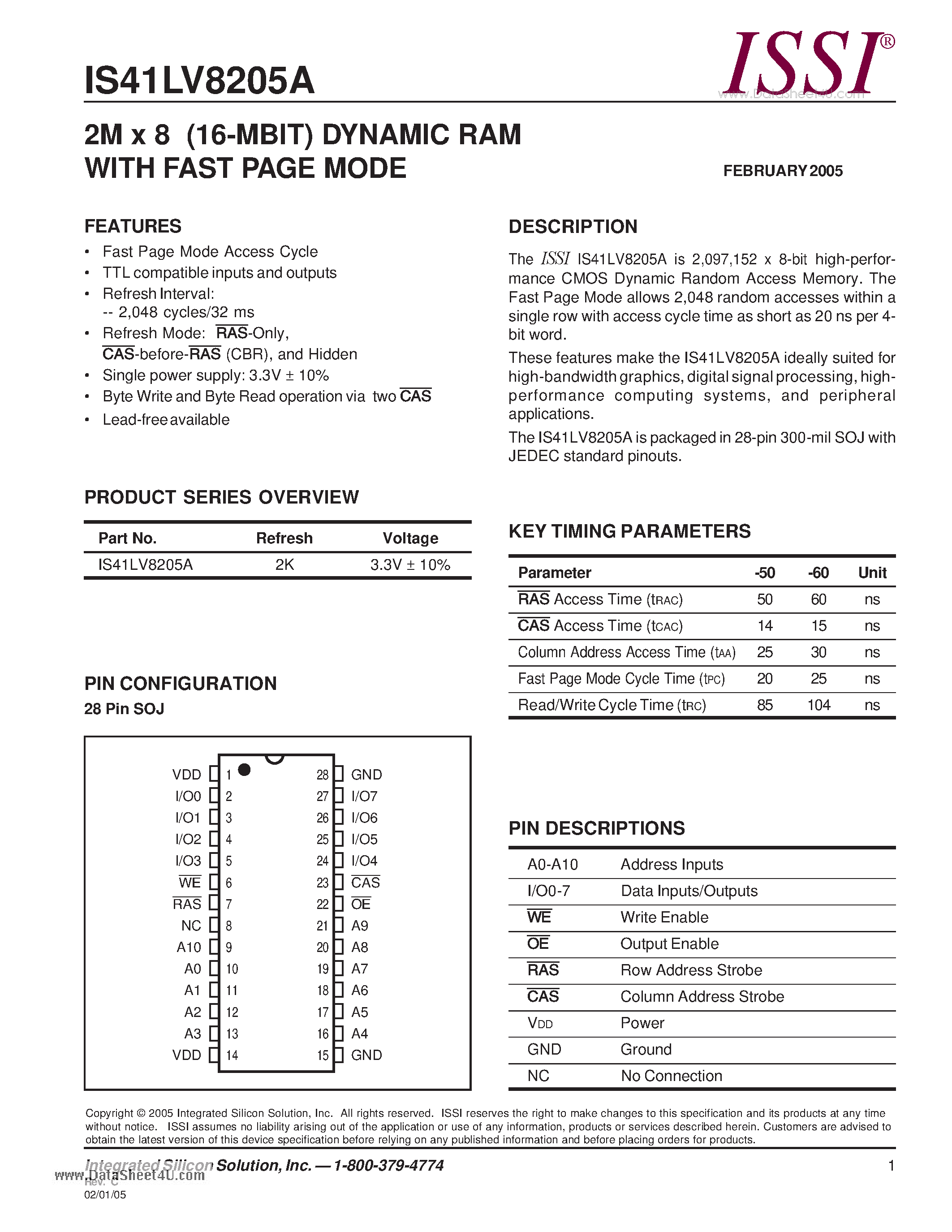 Даташит на микросхему IS41LV8205A страница 1 Даташит IS41LV8205A - 2M x 8 (16-MBIT) DYNAMIC RAM страница 1