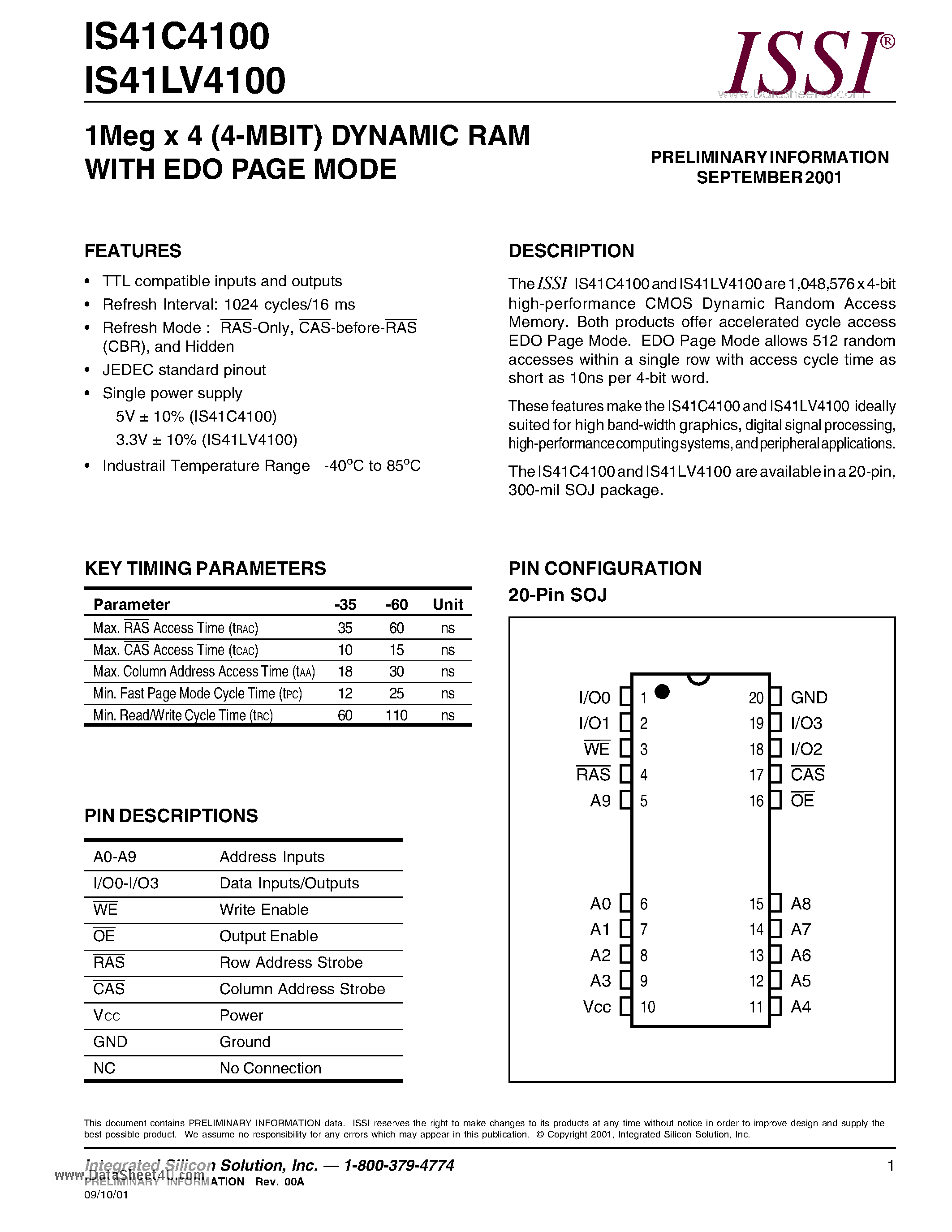 Даташит IS41C4100 - 1Meg x 4 (4-MBIT) DYNAMIC RAM WITH EDO PAGE MODE страница 1