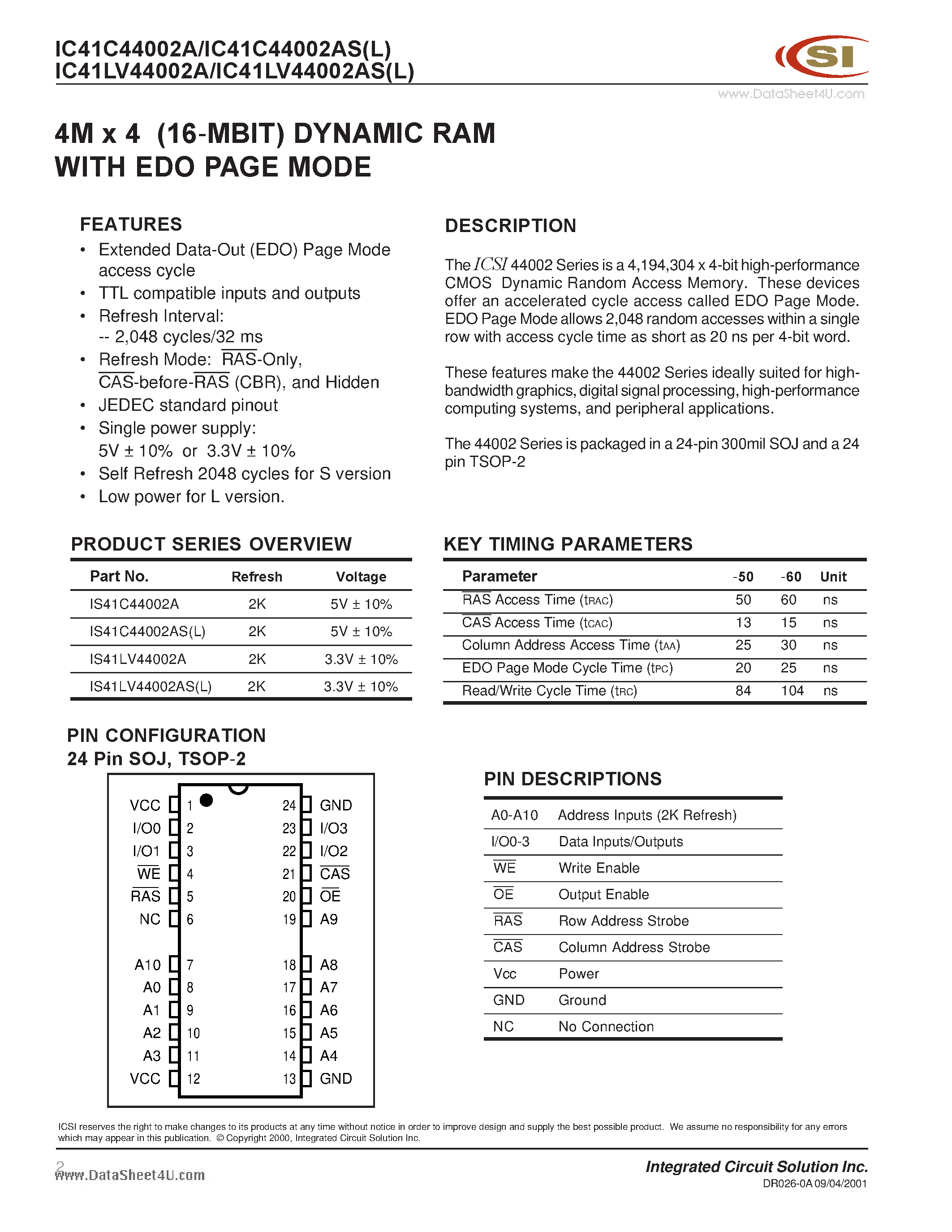 Datasheet IC41C44002A page 2 Datasheet IC41C44002A - 4M x 4 bit DYNAMIC RAM WITH EDO PAGE MODE page 2
