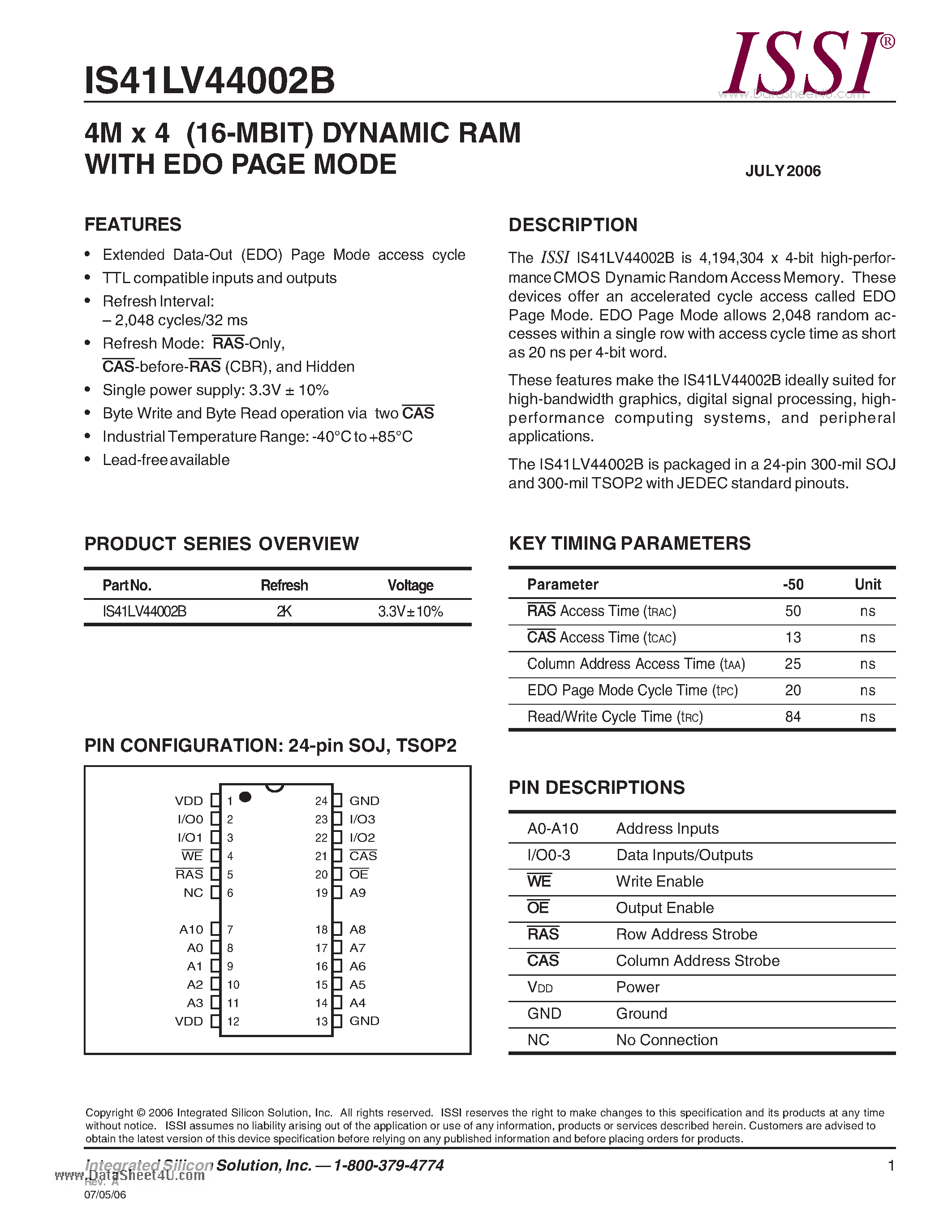 Даташит IS41LV44002B - 4M x 4 (16-MBIT) DYNAMIC RAM WITH EDO PAGE MODE страница 1