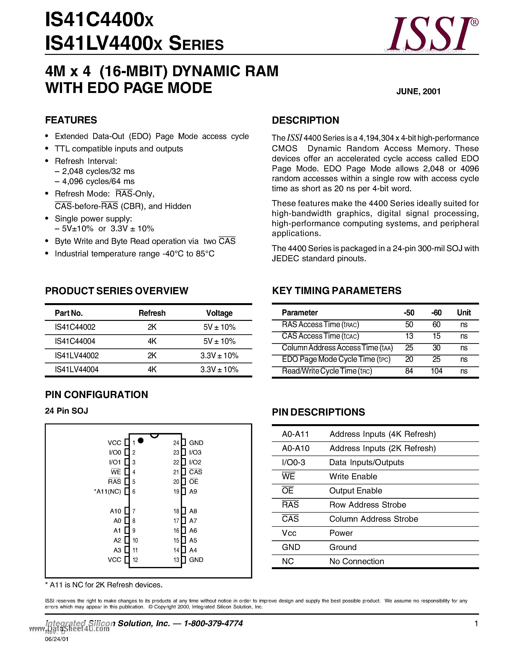 Datasheet IS41LV4400x - 4M x 4 (16-MBIT) DYNAMIC RAM WITH EDO PAGE MODE page 1