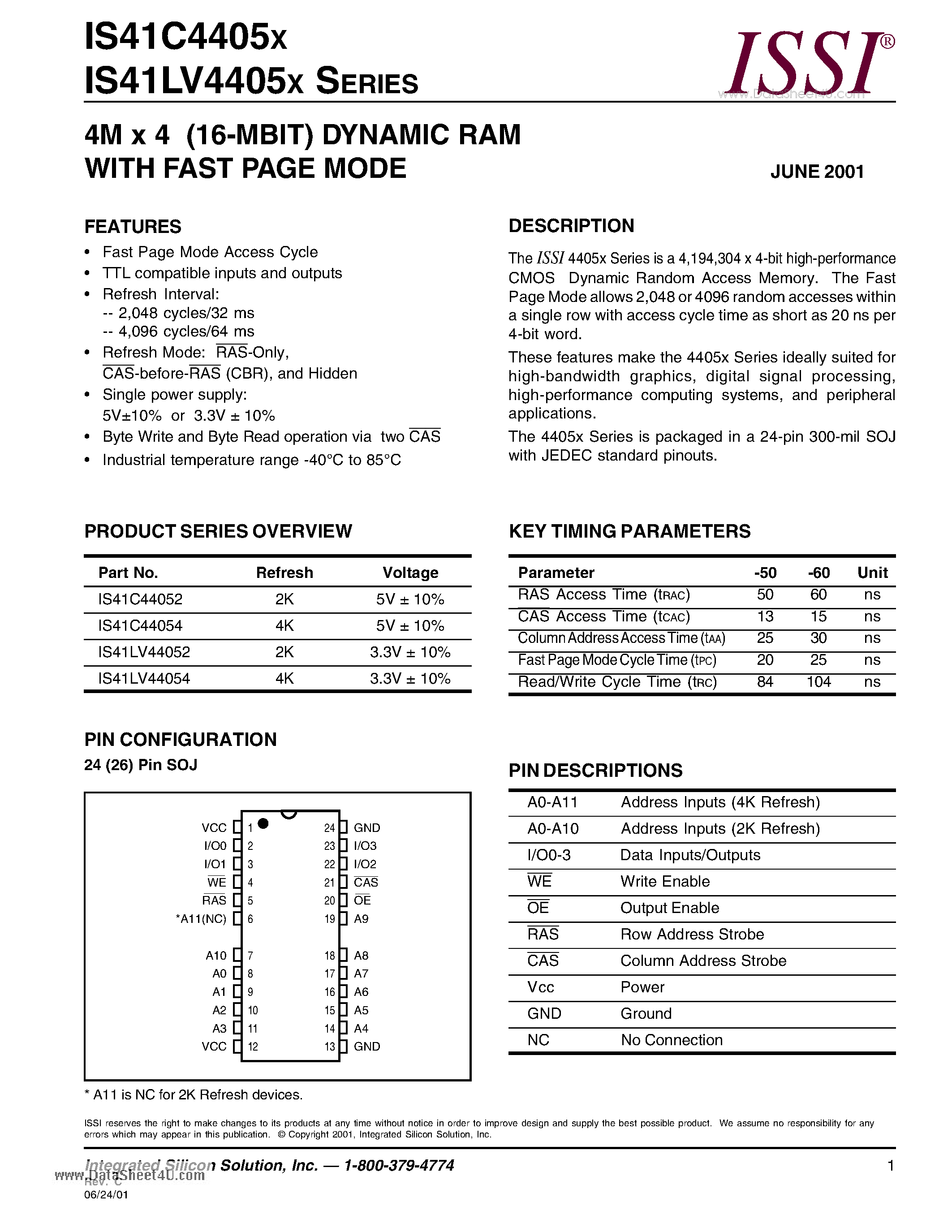 Datasheet IS41C4405x - 4M x 4 (16-MBIT) DYNAMIC RAM WITH EDO PAGE MODE page 1