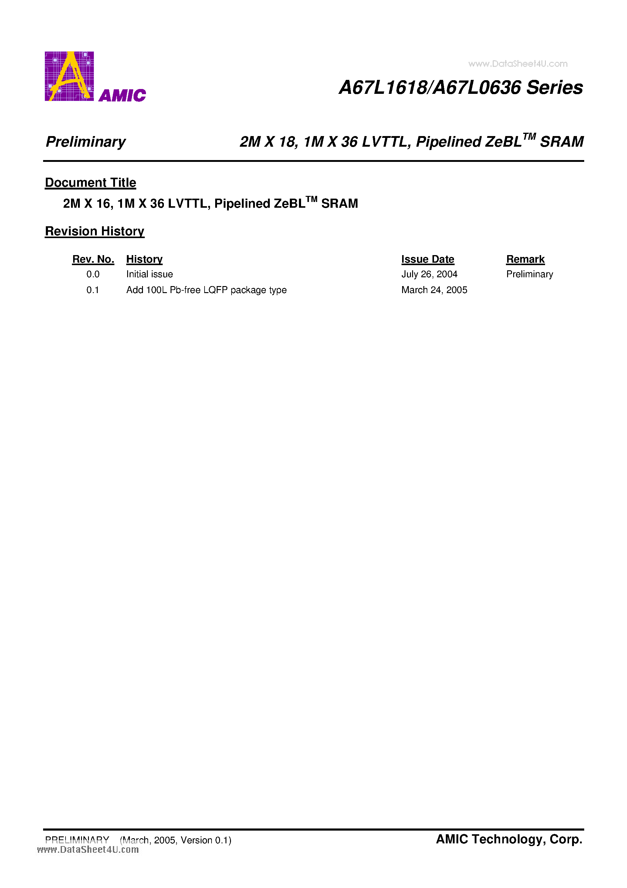 Datasheet A67L0636 - 2M X 18- 1M X 36 LVTTL Pipelined ZeBL SRAM page 1