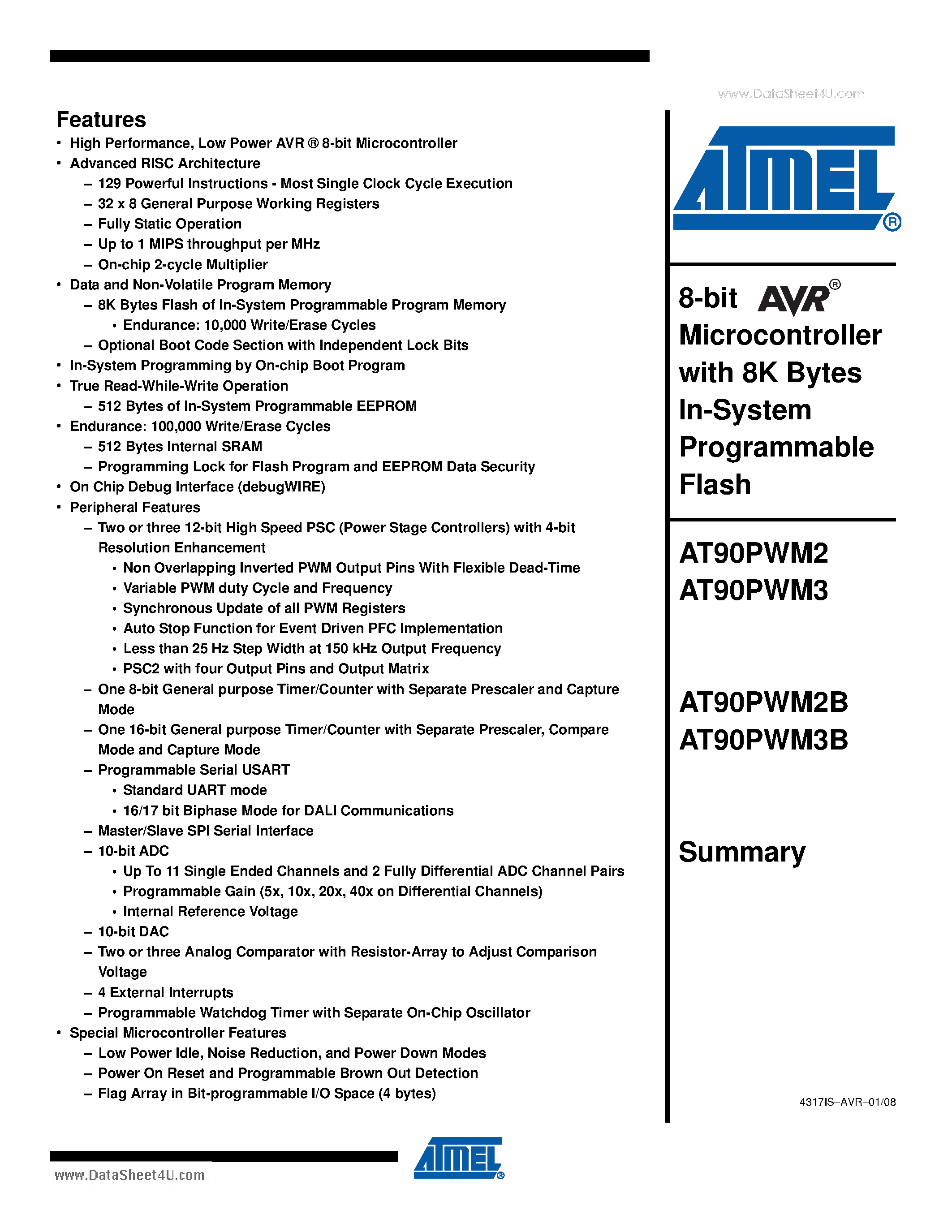 Даташит AT90PWM2 - 8-bit Microcontroller with 8K Bytes In-System Programmable Flash страница 1