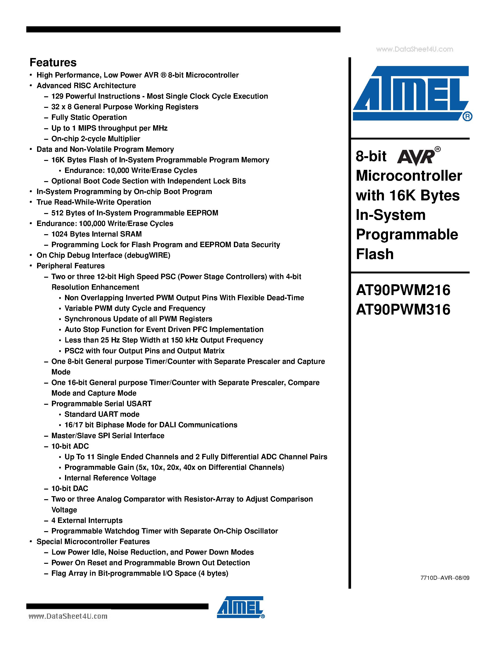 Даташит на микросхему AT90PWM216 страница 1 Даташит AT90PWM216 - 8-bit Microcontroller with 16K Bytes In-System Programmable Flash страница 1