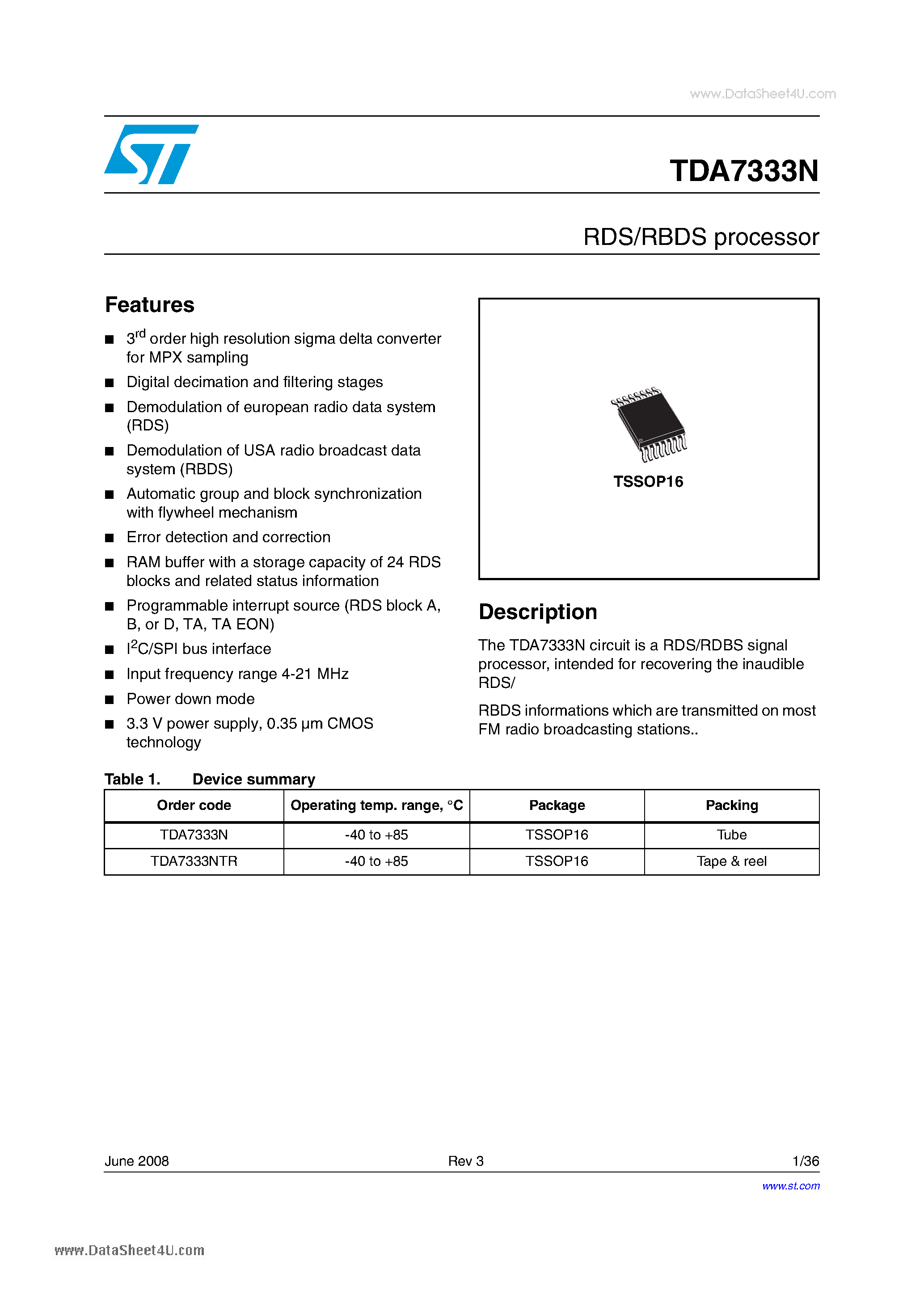 Datasheet TDA7333N - RDS/RBDS processor page 1