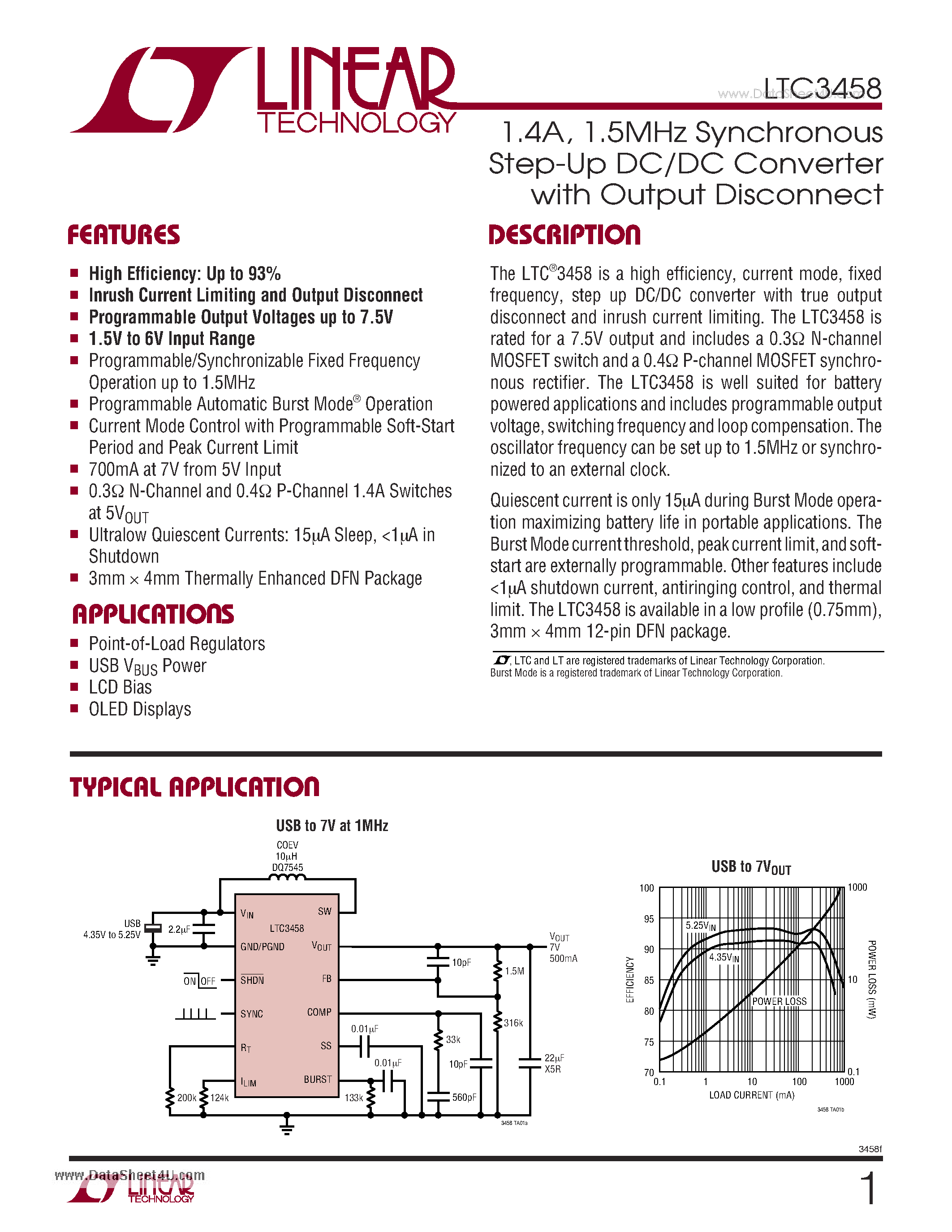 Datasheet LTC3458 - 1.4A/ 1.5MHz Synchronous Step-Up DC/DC Converter with Output Disconnect page 1