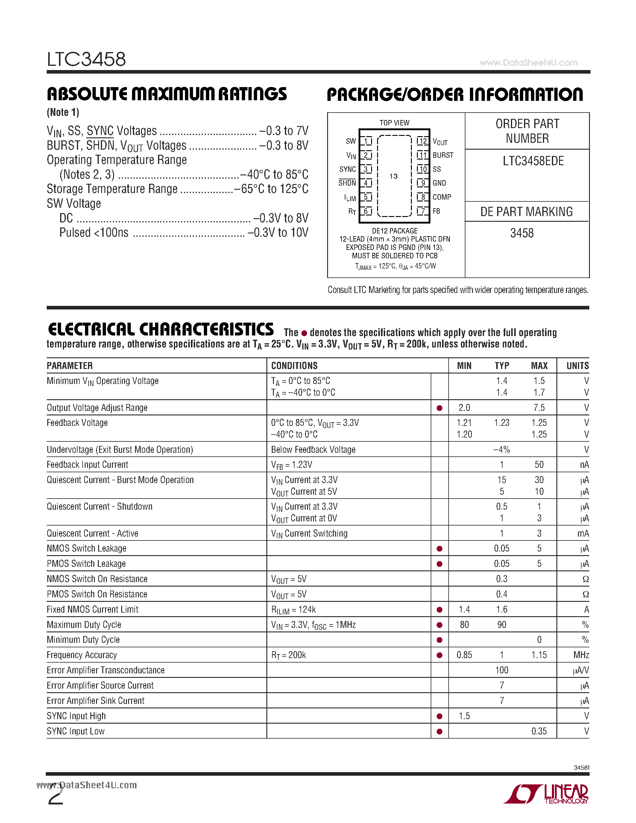 Datasheet LTC3458 - 1.4A/ 1.5MHz Synchronous Step-Up DC/DC Converter with Output Disconnect page 2