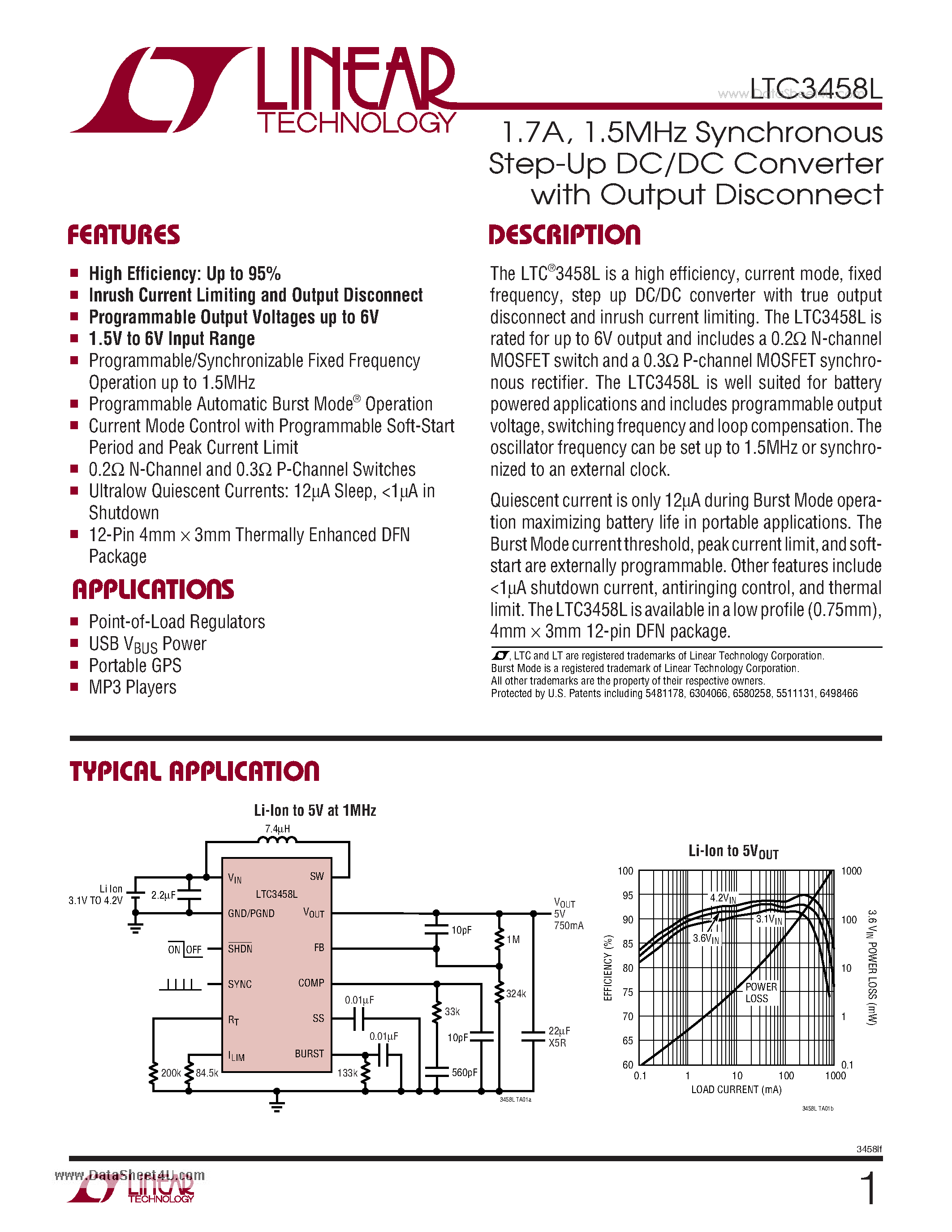 Datasheet LTC3458L - 1.7A/ 1.5MHz Synchronous Step-Up DC/DC Converter with Output Disconnect page 1