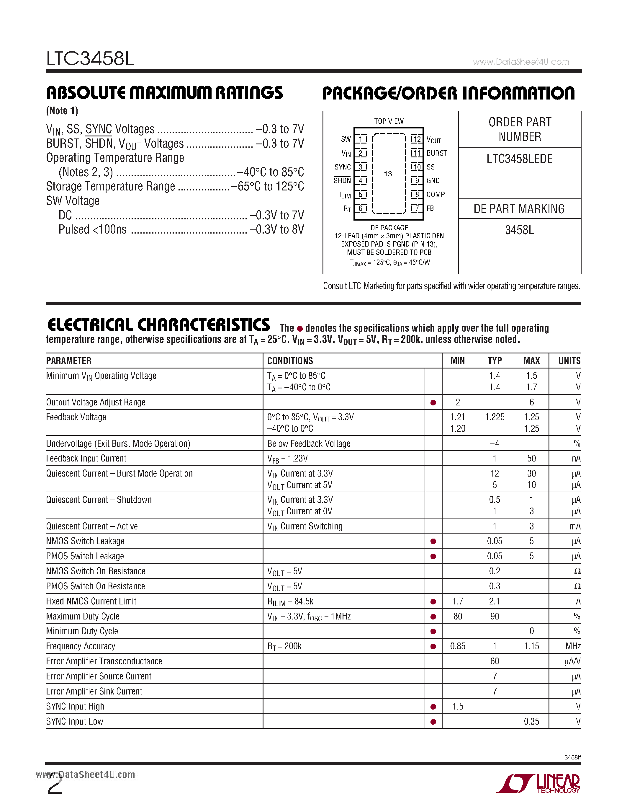 Datasheet LTC3458L - 1.7A/ 1.5MHz Synchronous Step-Up DC/DC Converter with Output Disconnect page 2