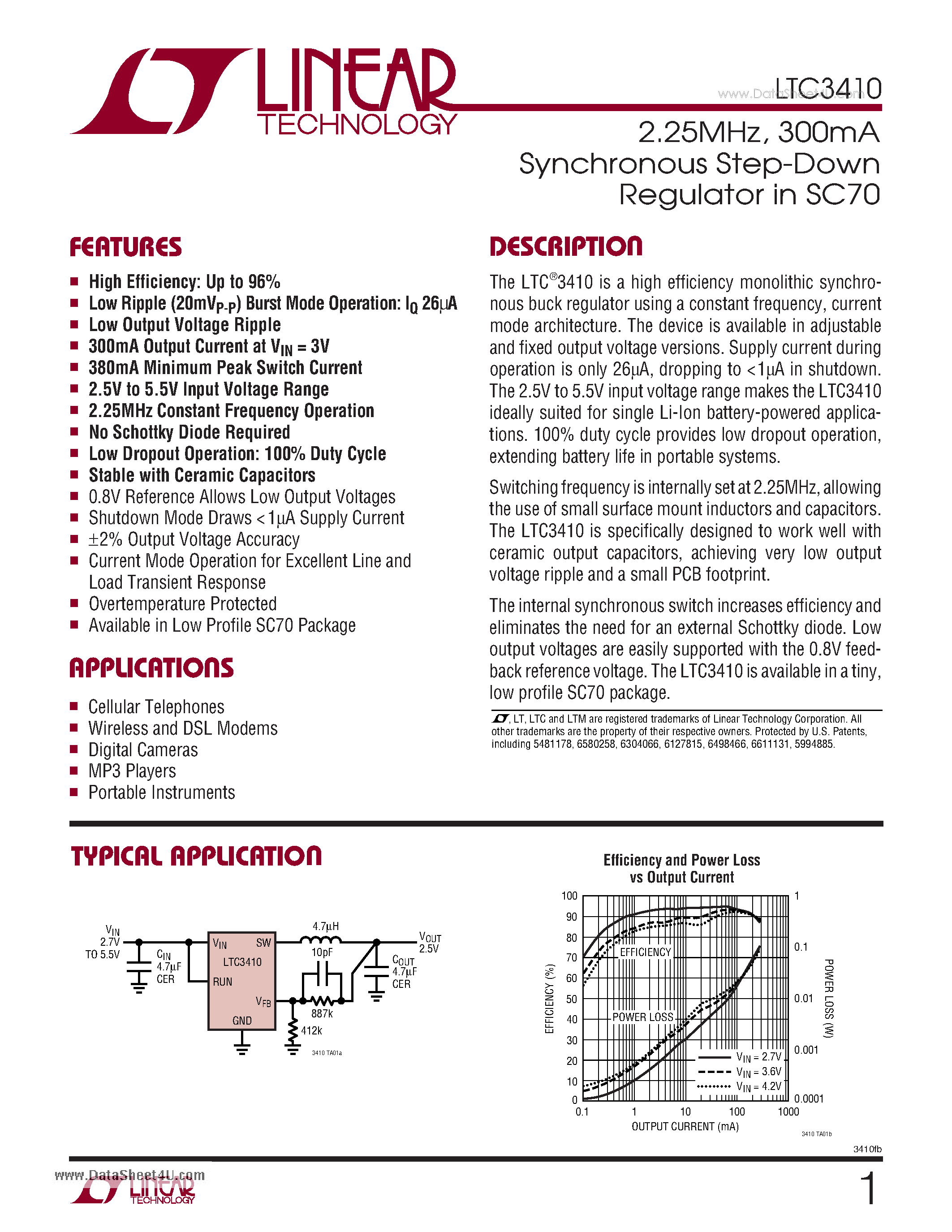 Даташит LTC3410 - 2.25MHz/ 300mA Synchronous Step-Down Regulator страница 1