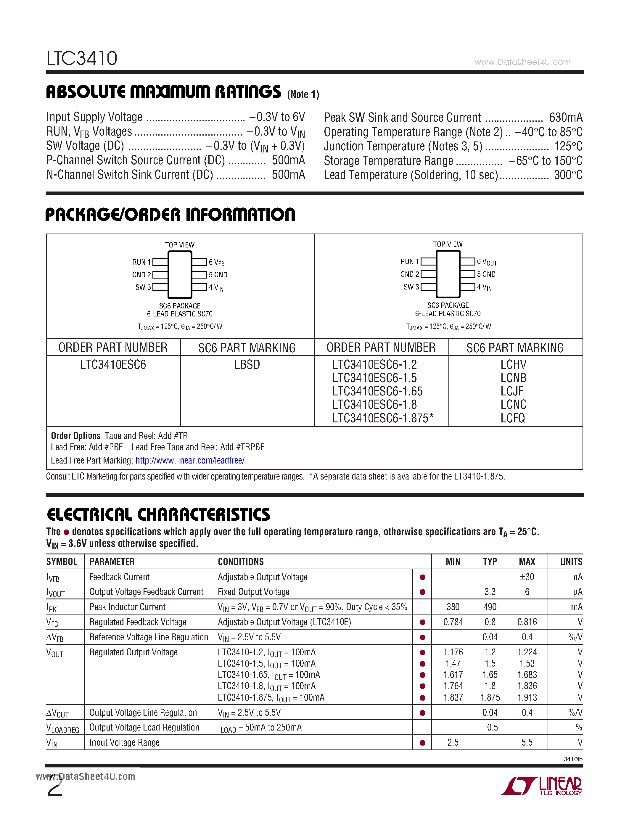 Даташит LTC3410 - 2.25MHz/ 300mA Synchronous Step-Down Regulator страница 2