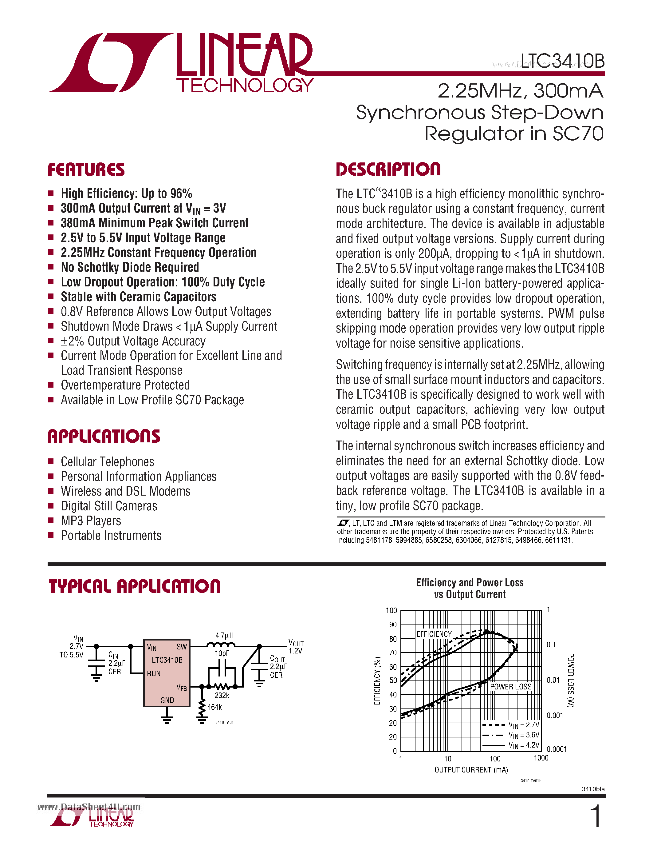 Даташит LTC3410B - 2.25MHz/ 300mA Synchronous Step-Down Regulator страница 1