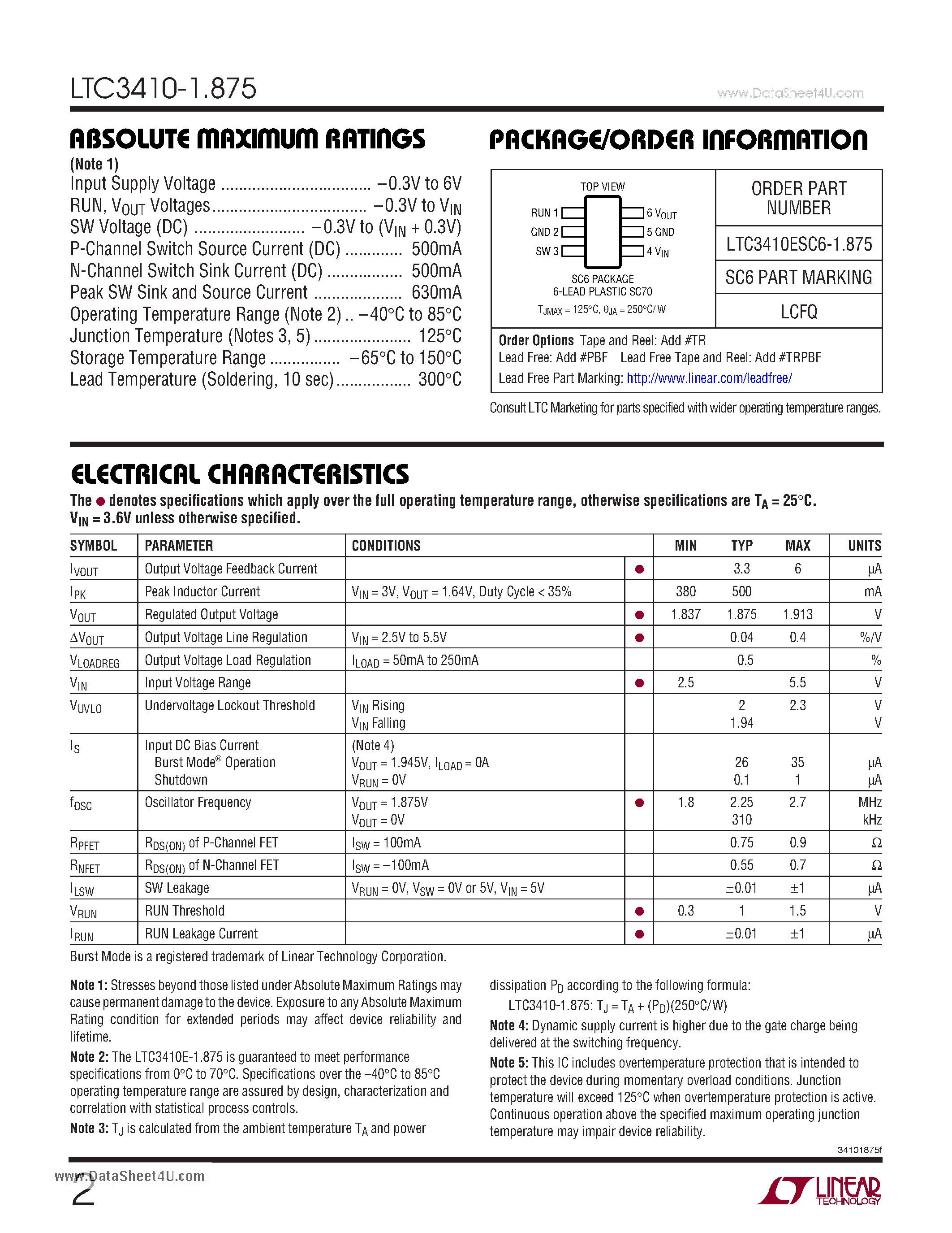 Даташит на микросхему LTC3410-1.875 страница 2 Даташит LTC3410-1.875 - 2.25MHz/ 300mA Synchronous Step-Down Regulator страница 2