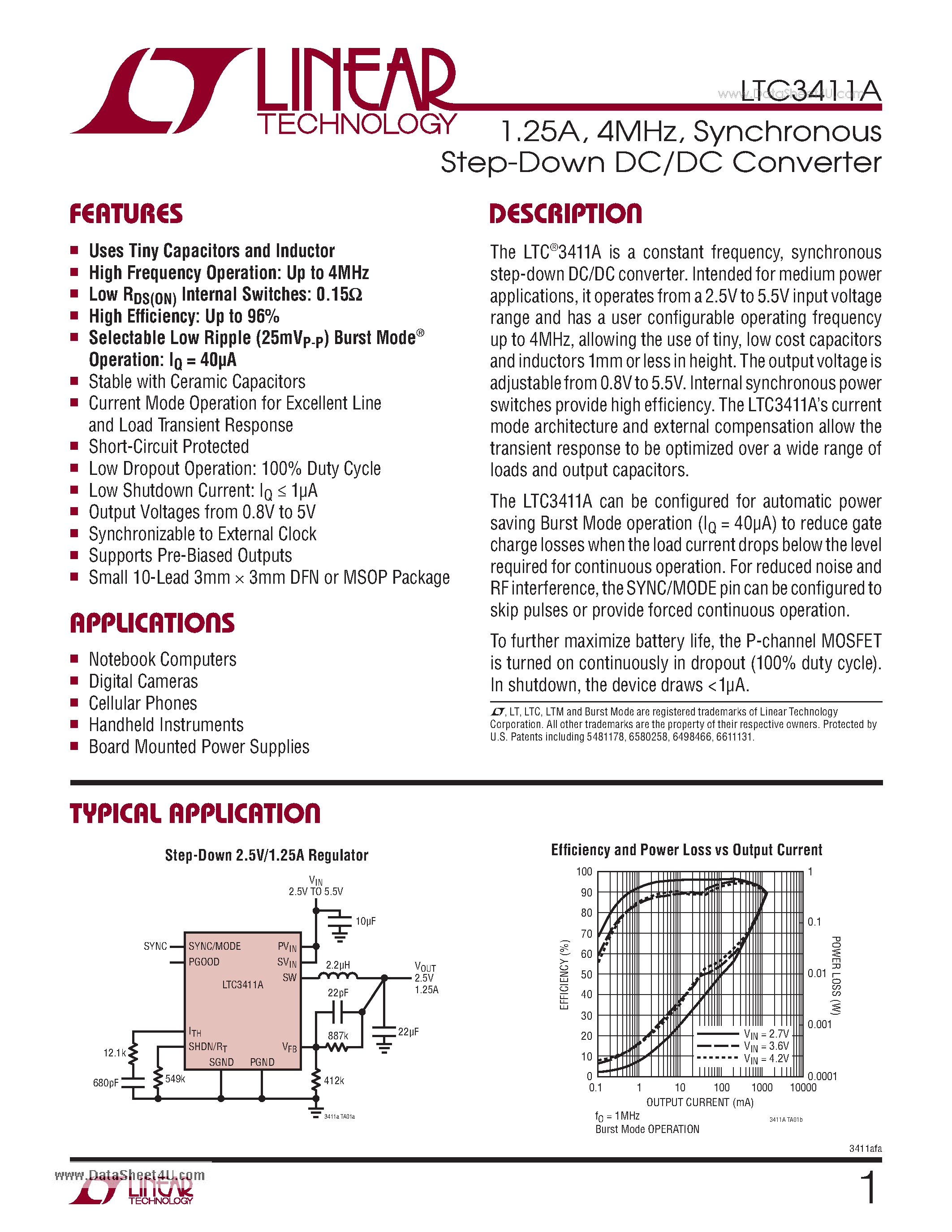 Datasheet LTC3411A - 1.25A/ 4MHz/ Synchronous Step-Down DC/DC Converter page 1