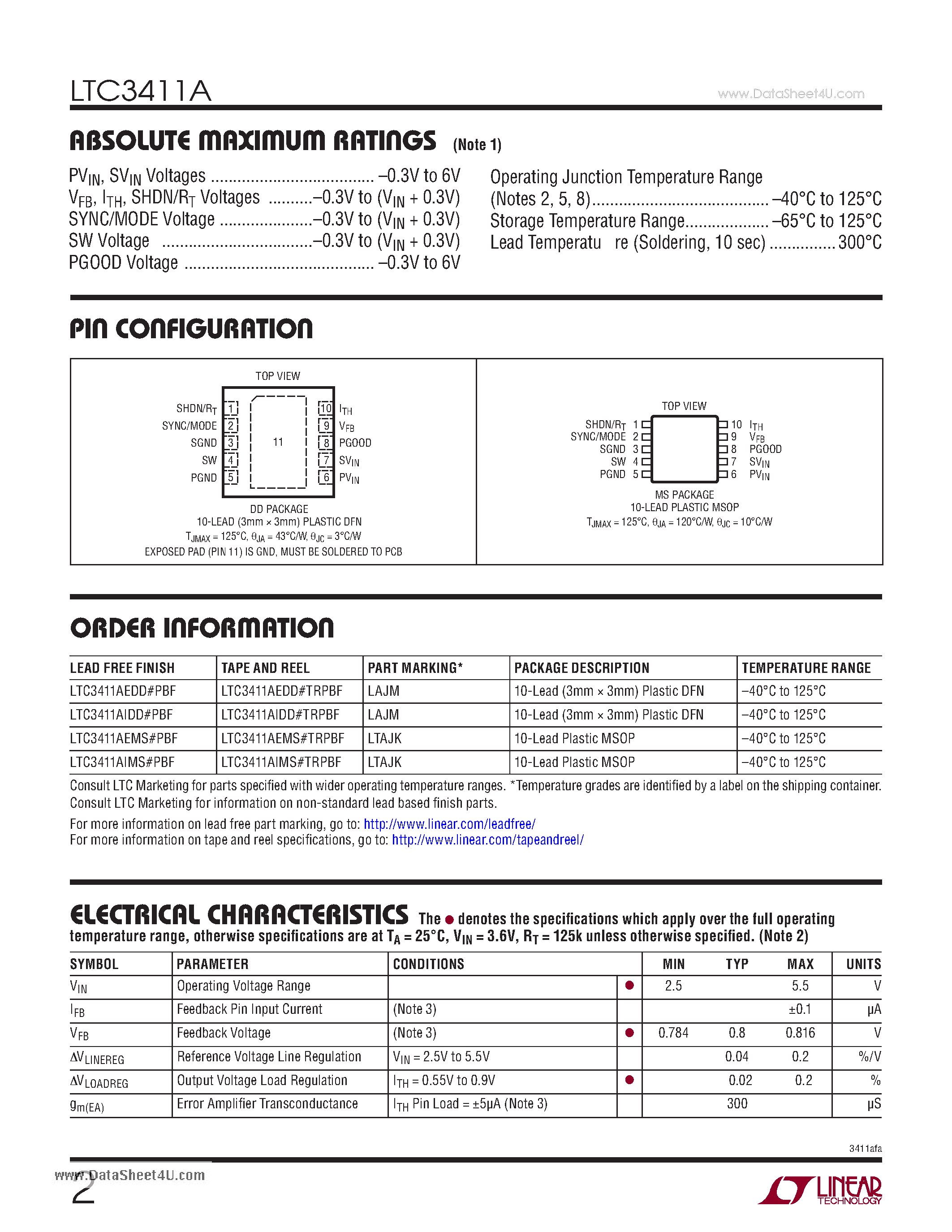 Datasheet LTC3411A - 1.25A/ 4MHz/ Synchronous Step-Down DC/DC Converter page 2
