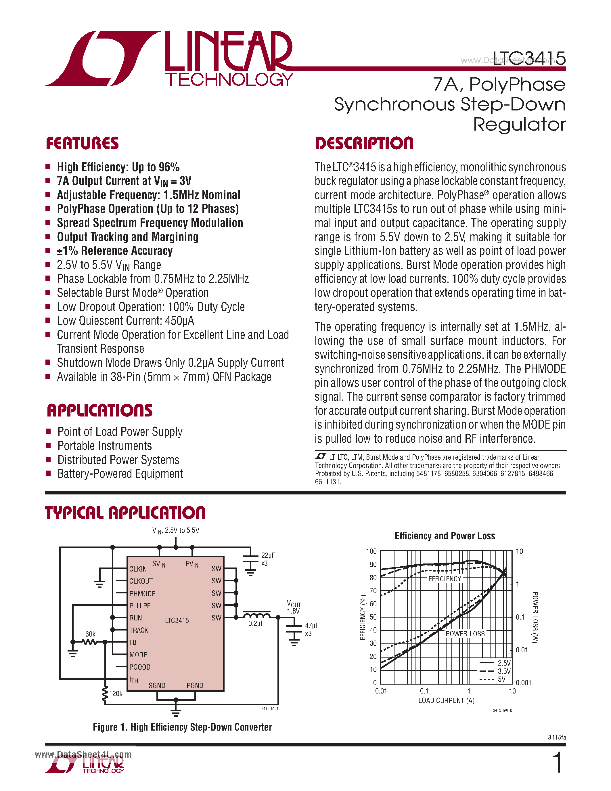 Datasheet LTC3415 - 7A PolyPhase Synchronous Step-Down Regulator page 1