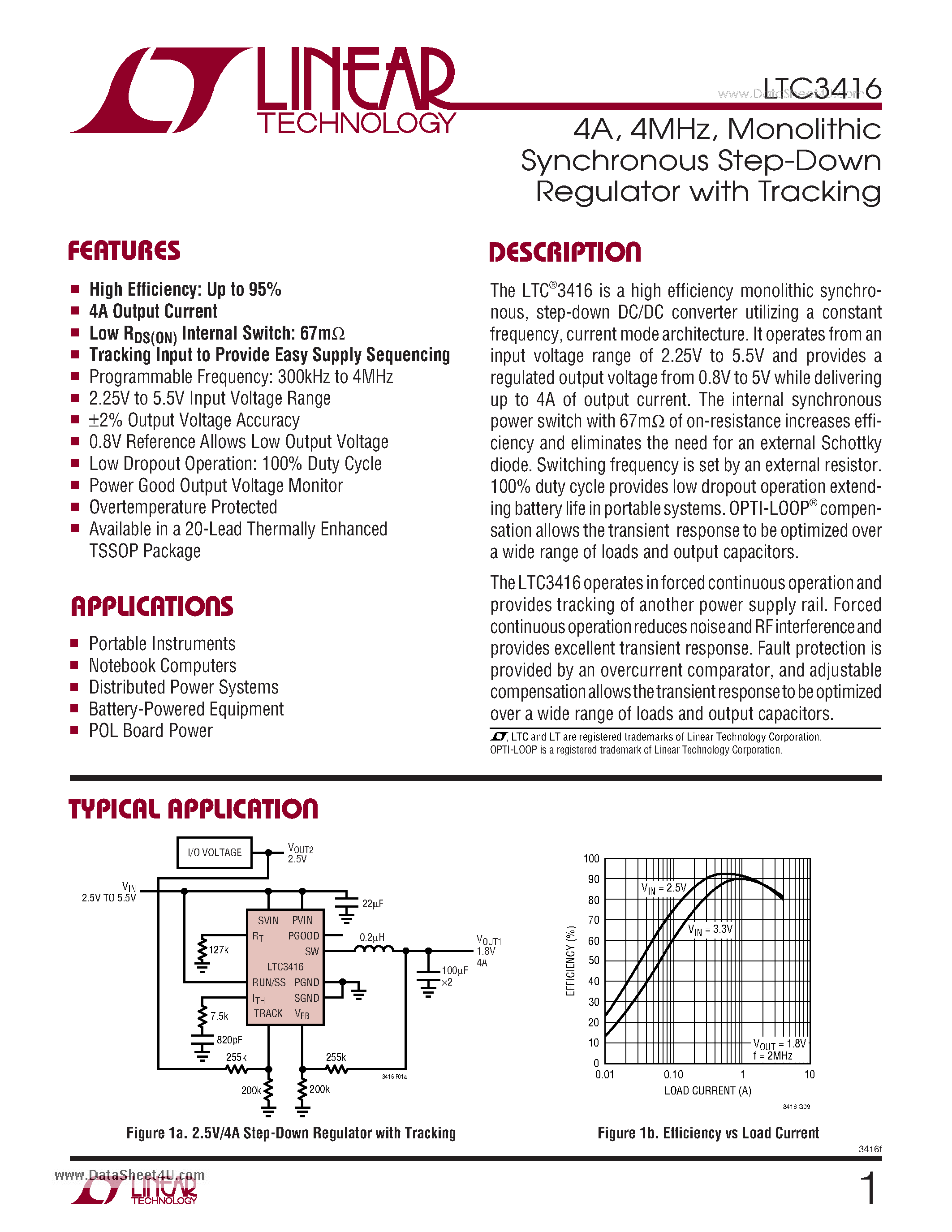 Datasheet LTC3416 page 1 Datasheet LTC3416 - 4A/ 4MHz/ Monolithic Synchronous Step-Down Regulator page 1