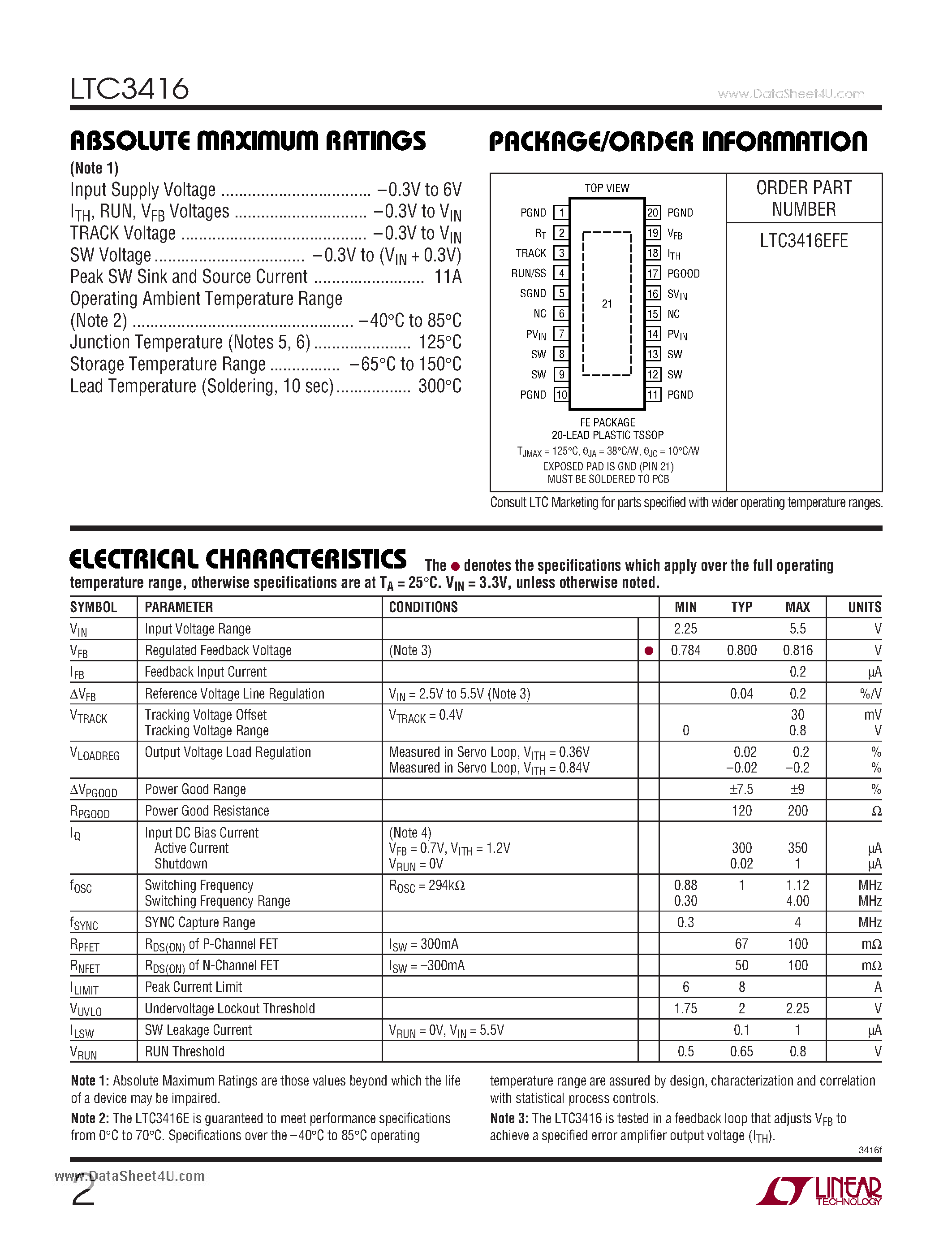 Datasheet LTC3416 page 2 Datasheet LTC3416 - 4A/ 4MHz/ Monolithic Synchronous Step-Down Regulator page 2