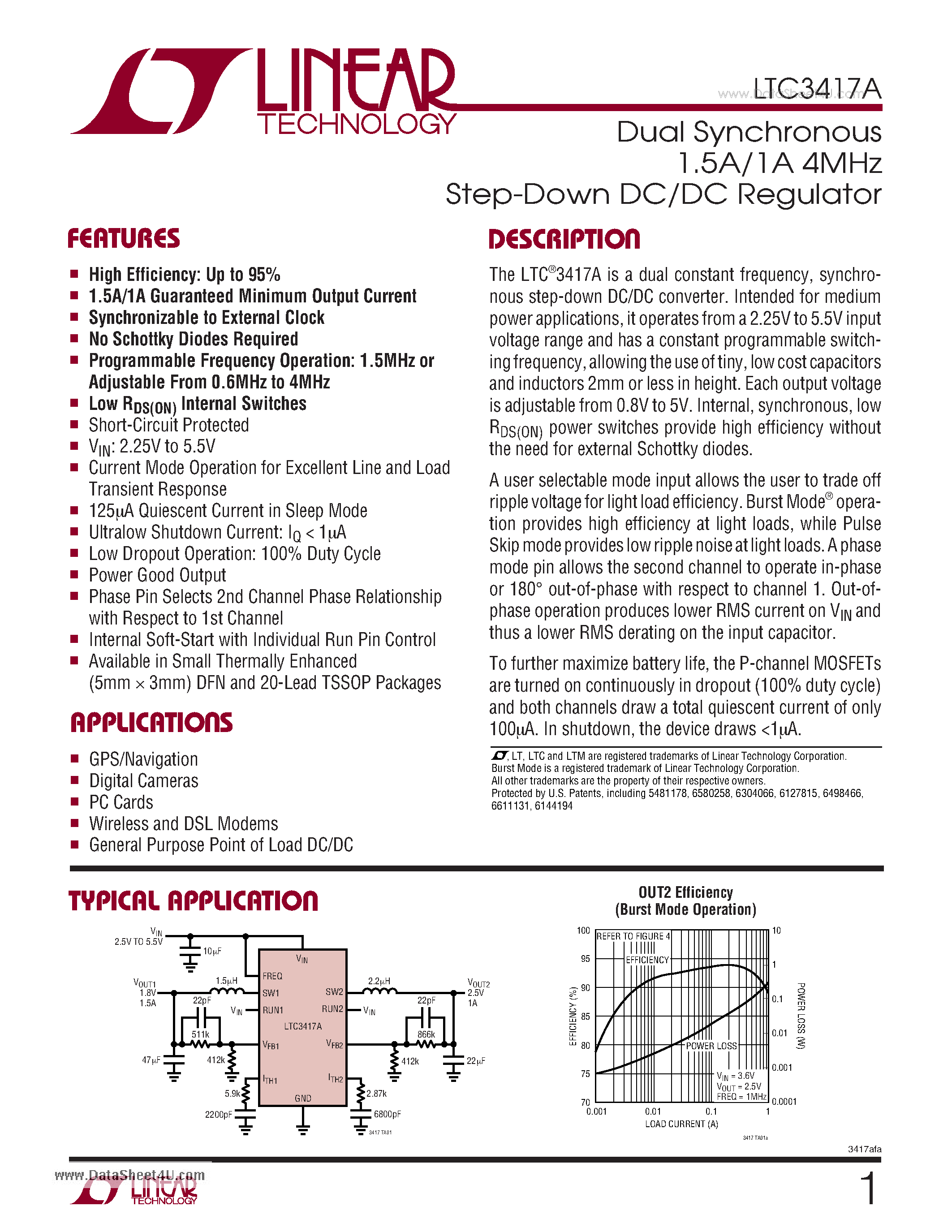 Datasheet LTC3417A page 1 Datasheet LTC3417A - Dual Synchronous 1.5A/1A 4MHz Step-Down DC/DC Regulator page 1