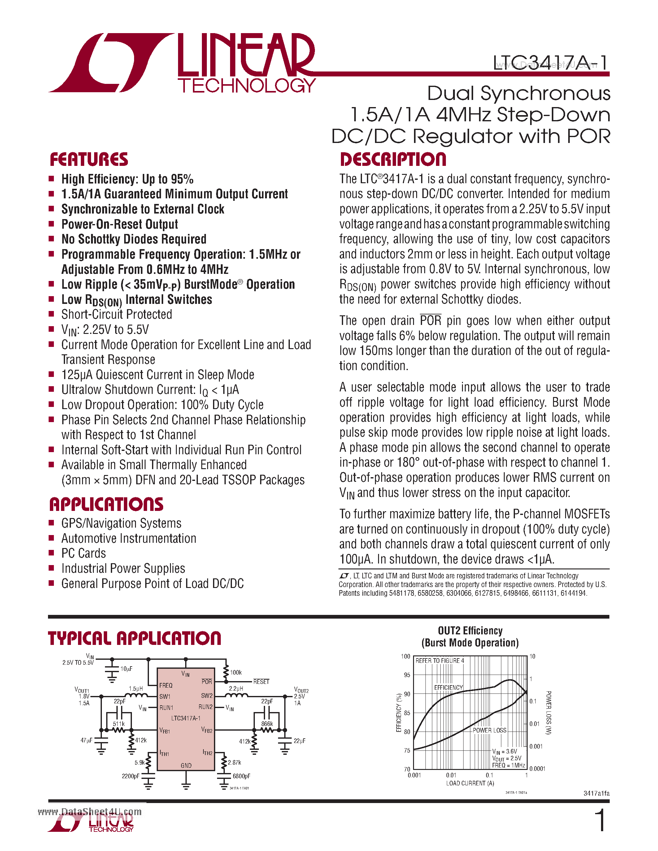Datasheet LTC3417A-1 - Dual Synchronous 1.5A/1A 4MHz Step-Down DC/DC Regulator with POR page 1