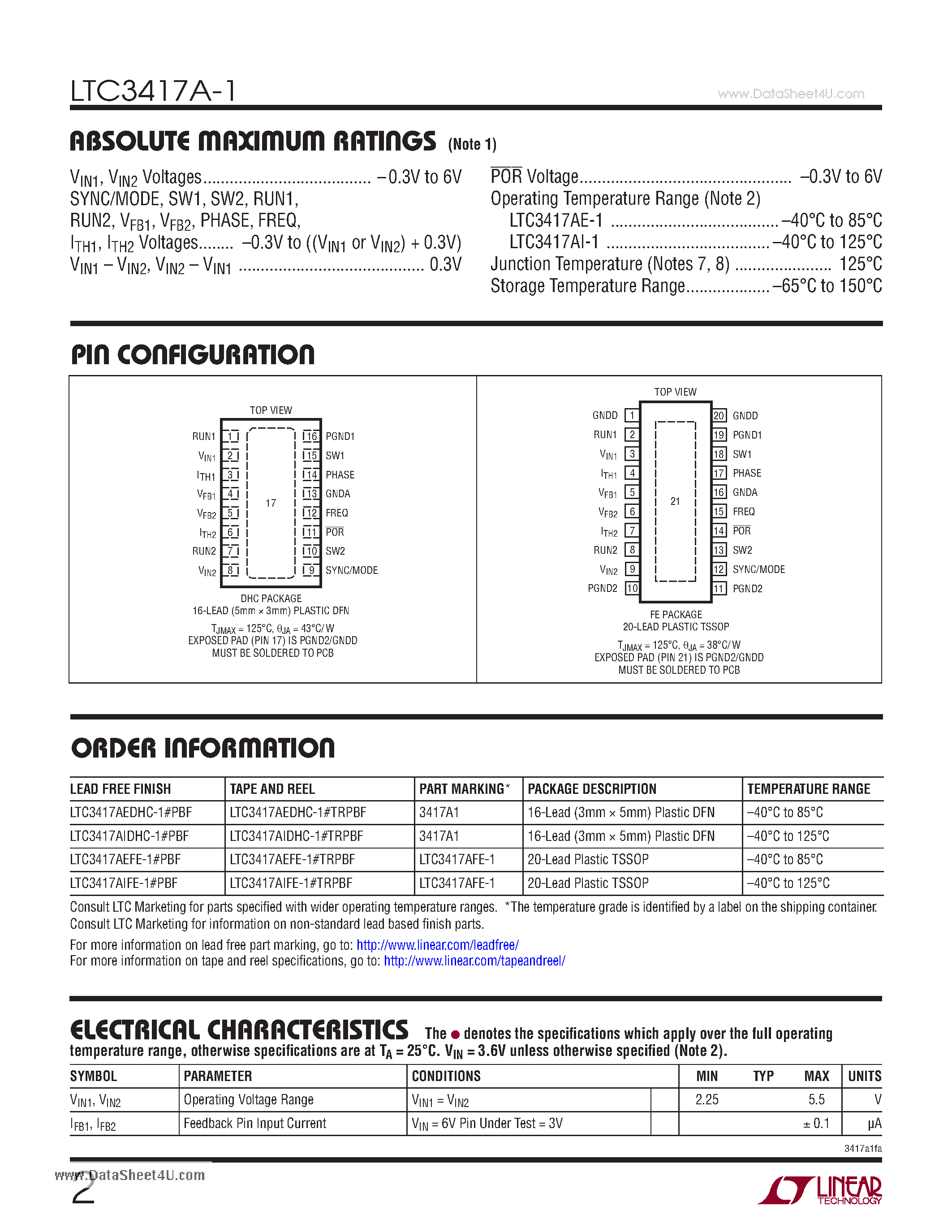 Datasheet LTC3417A-1 - Dual Synchronous 1.5A/1A 4MHz Step-Down DC/DC Regulator with POR page 2