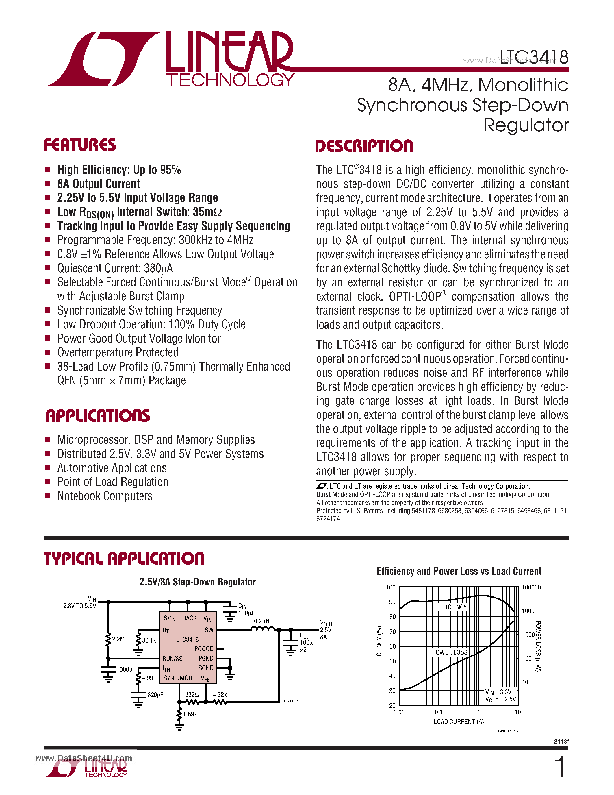 Datasheet LTC3418 - 8A/ 4MHz/ Monolithic Synchronous Step-Down Regulator page 1