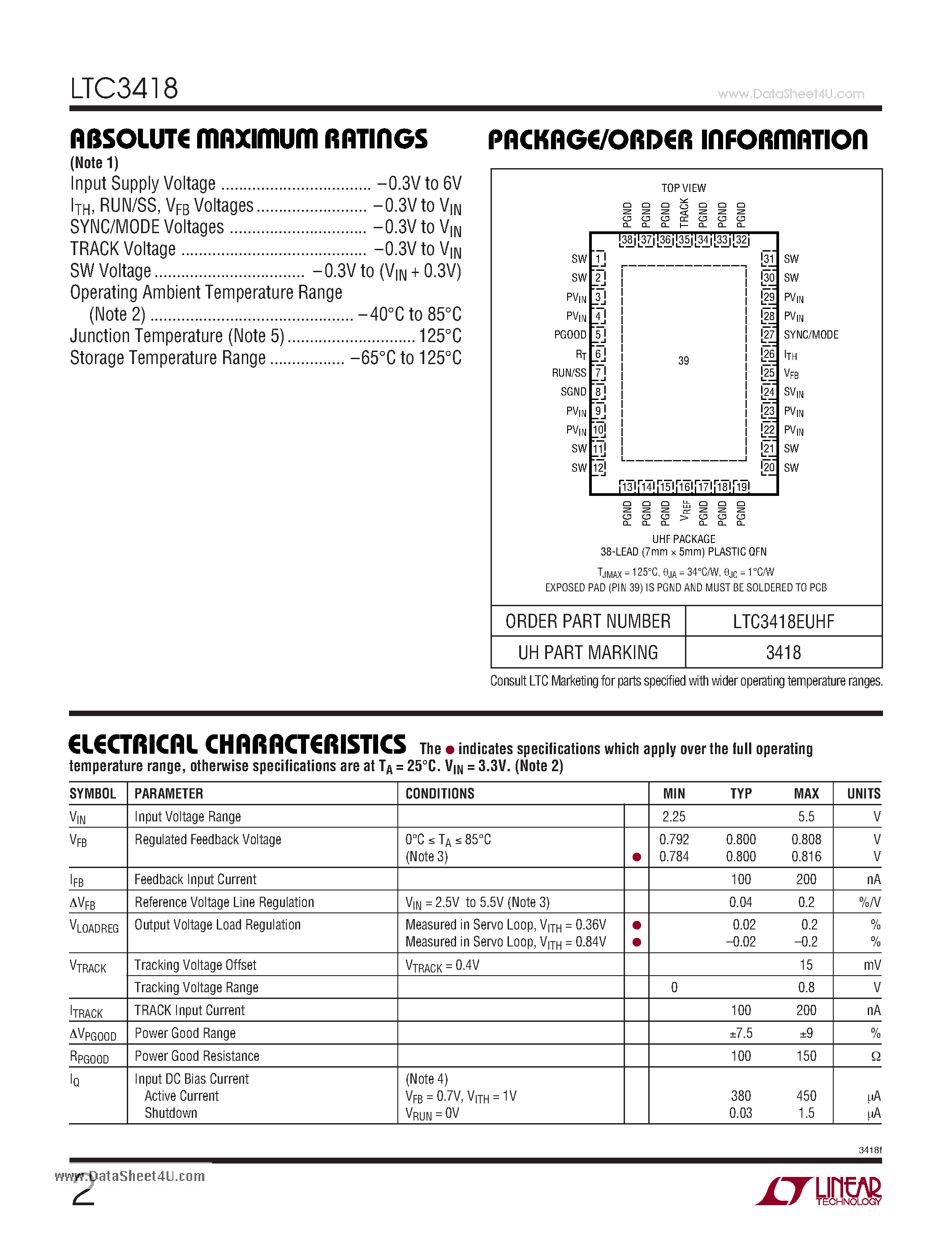 Datasheet LTC3418 - 8A/ 4MHz/ Monolithic Synchronous Step-Down Regulator page 2