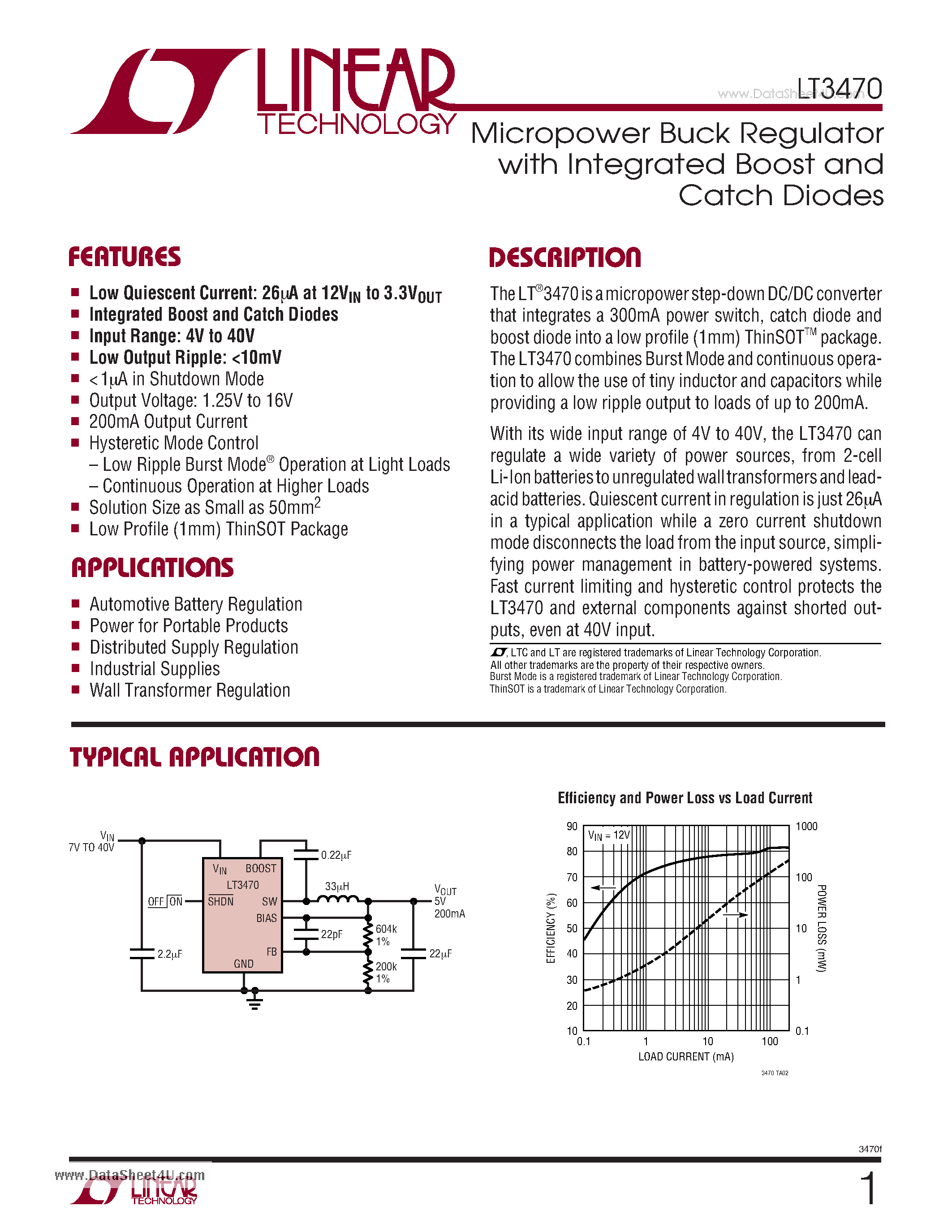 Даташит LT3470 - Micropower Buck Regulator with Integrated Boost and Catch Diodes страница 1