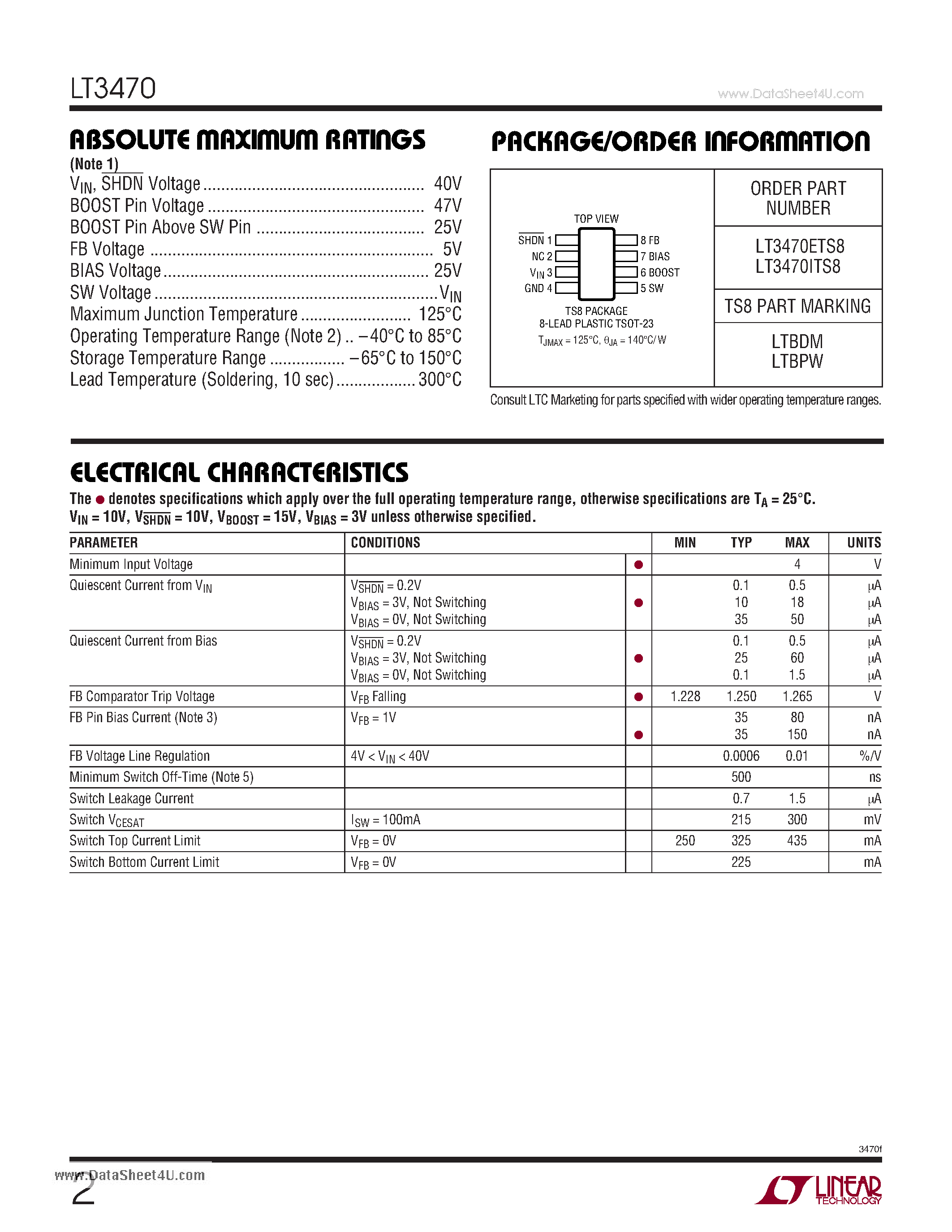 Даташит LT3470 - Micropower Buck Regulator with Integrated Boost and Catch Diodes страница 2