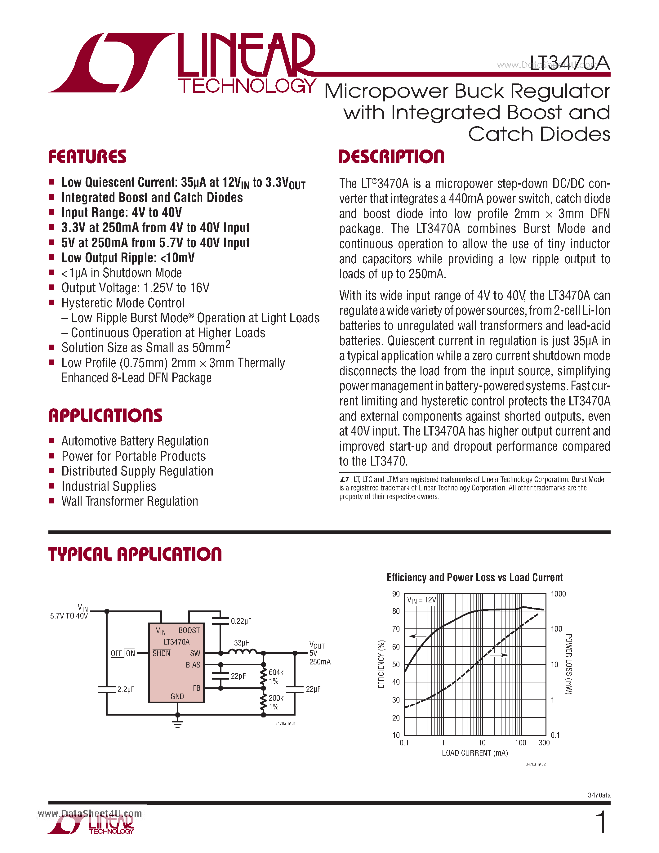 Даташит LT3470A - Micropower Buck Regulator with Integrated Boost and Catch Diodes страница 1