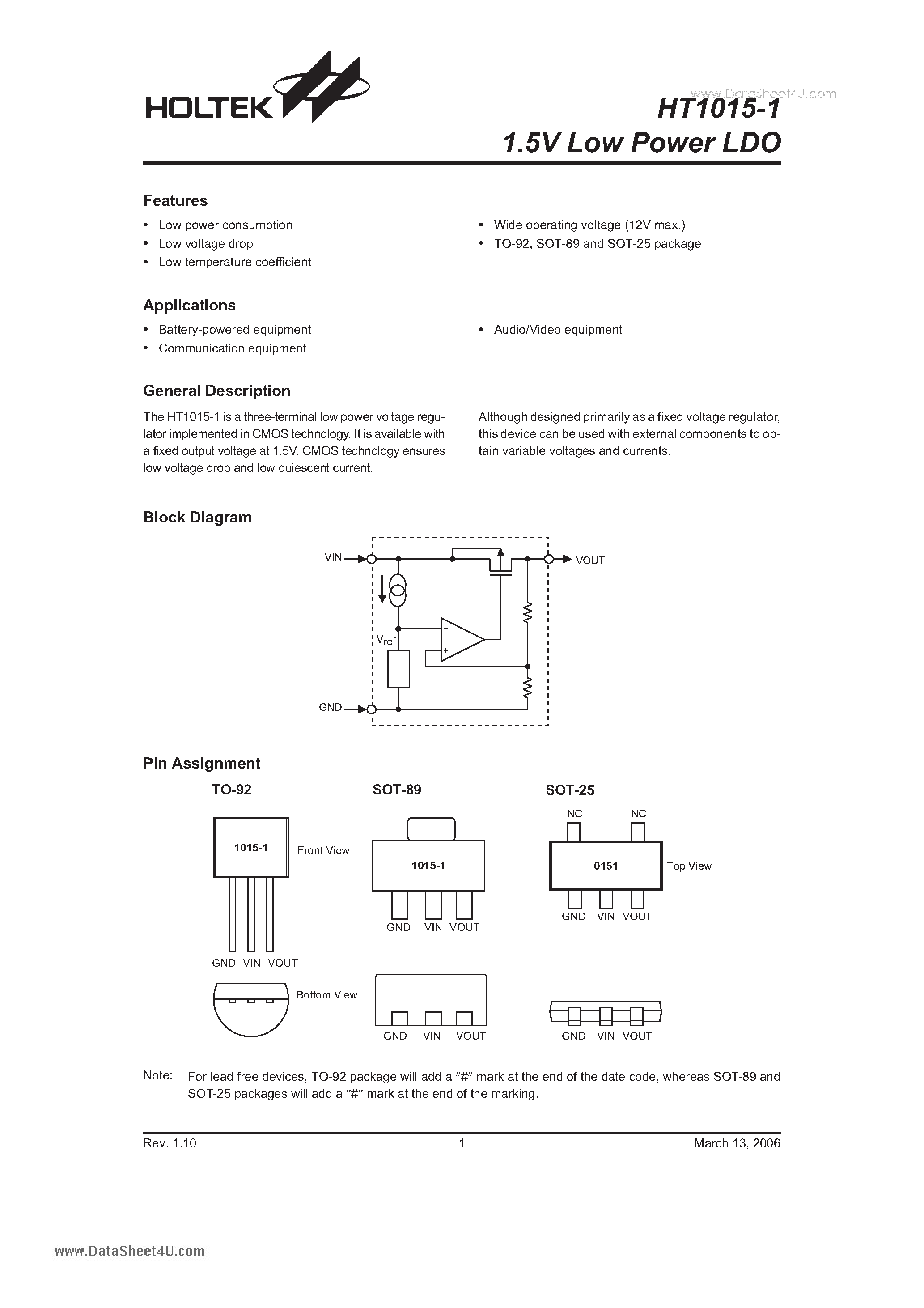 Datasheet HT1015-1 - 1.5V Low Power LDO page 1