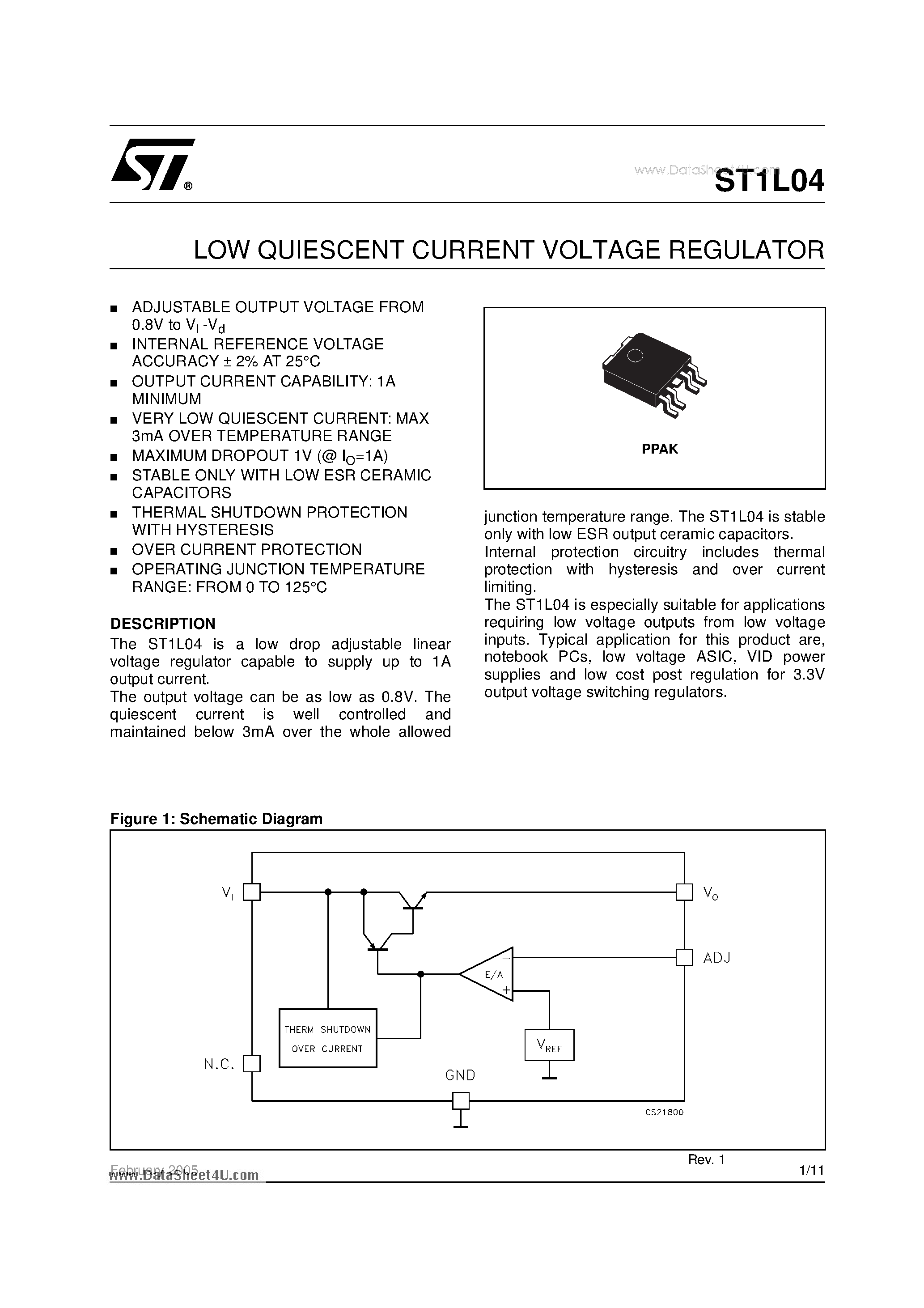 Datasheet ST1L04 page 1 Datasheet ST1L04 - LOW QUIESCENT CURRENT VOLTAGE REGULATOR page 1