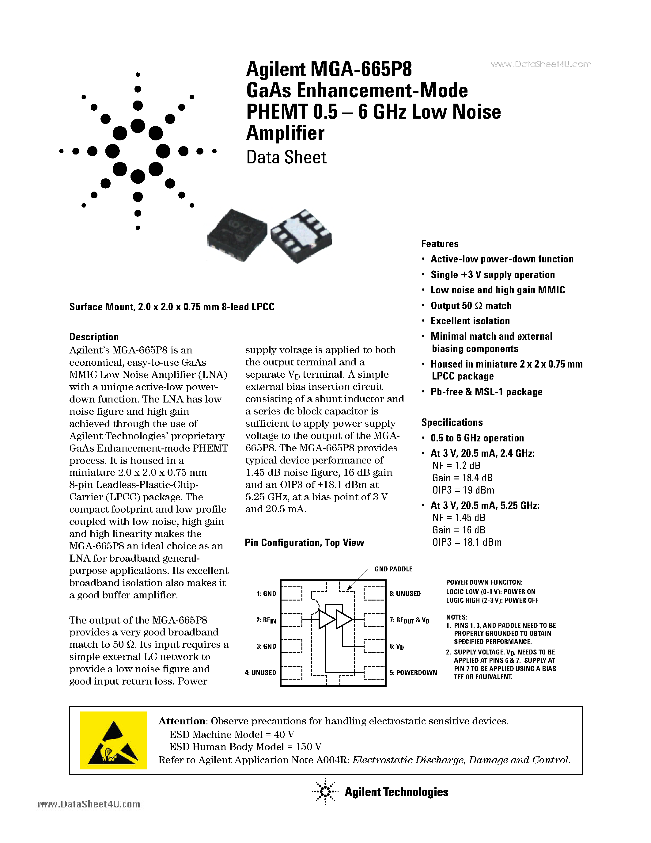 Datasheet MGA-665P8 - GaAs Enhancement-Mode PHEMT 0.5 - 6 GHz Low Noise Amplifier page 1