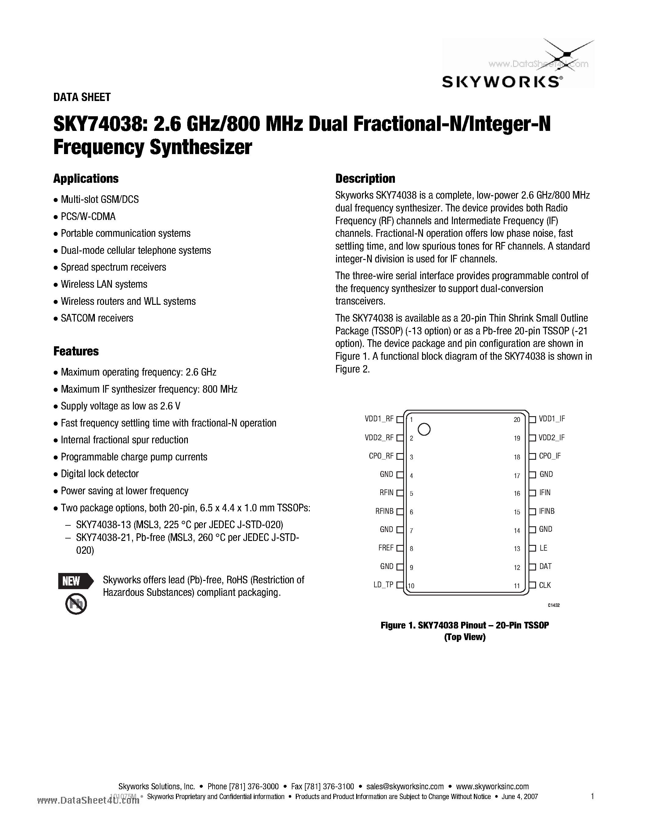 Datasheet SKY74038 - 2.6 GHz/800 MHz Dual Fractional-N/lnteger-N Frequency Synthesizer page 1