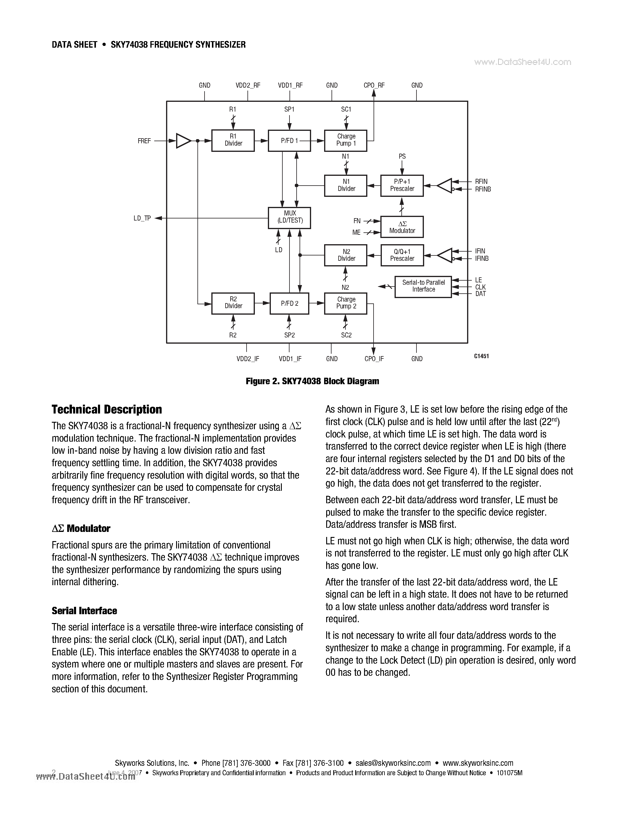Datasheet SKY74038 - 2.6 GHz/800 MHz Dual Fractional-N/lnteger-N Frequency Synthesizer page 2