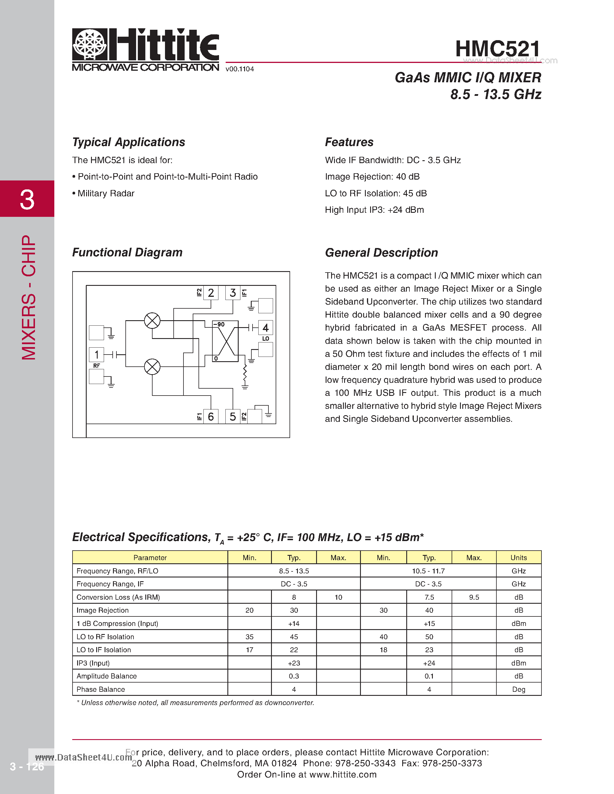 Даташит HMC521 - GaAs MMIC I/Q MIXER 8.5 - 13.5 GHz страница 1