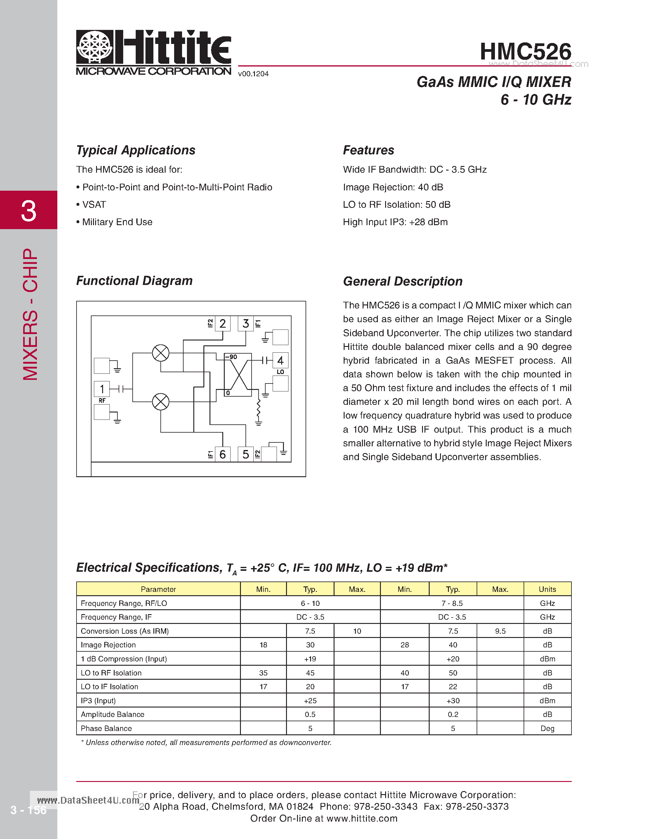 Даташит на микросхему HMC526 страница 1 Даташит HMC526 - GaAs MMIC I/Q MIXER 6 - 10 GHz страница 1