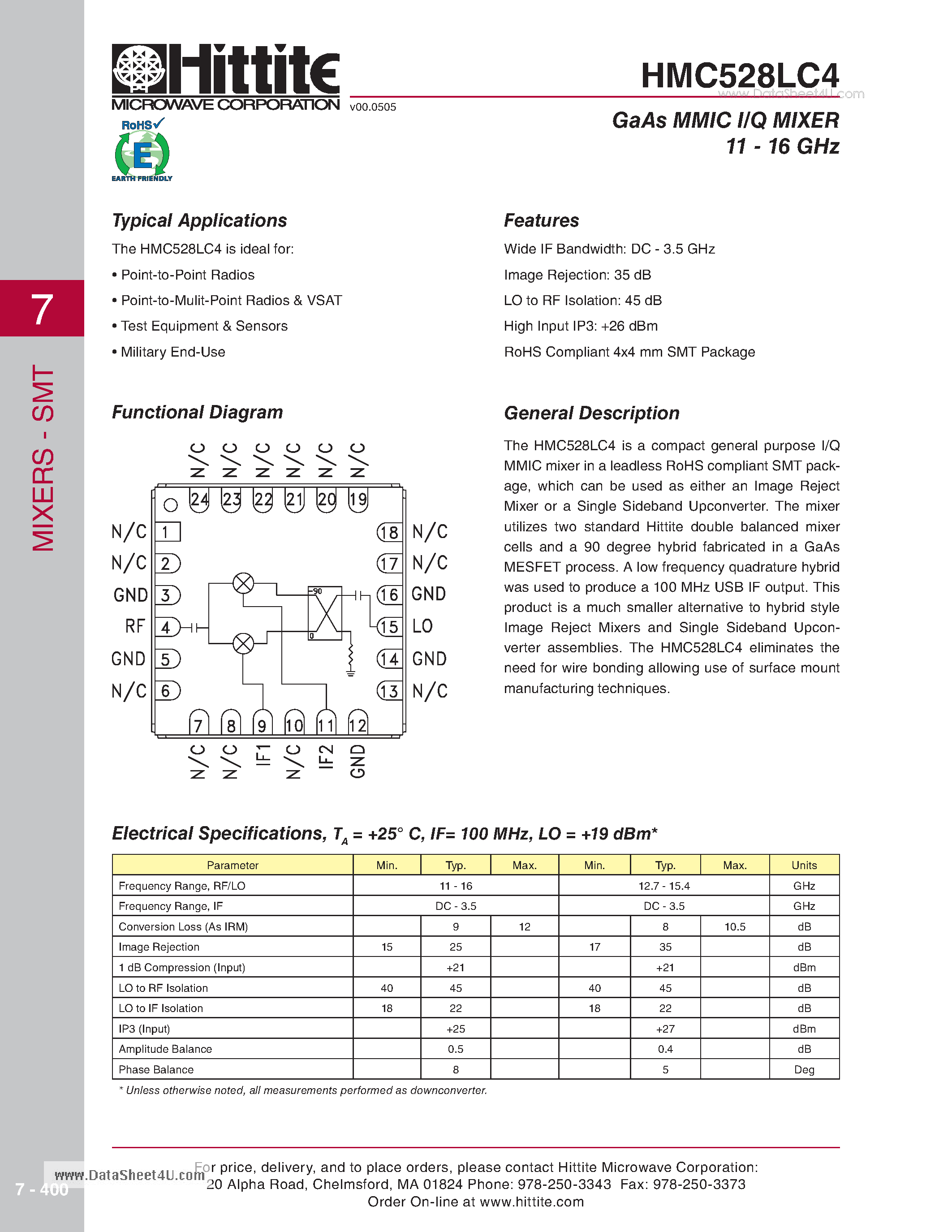 Даташит HMC528LC4 - GaAs MMIC I/Q MIXER 11 - 16 GHz страница 1