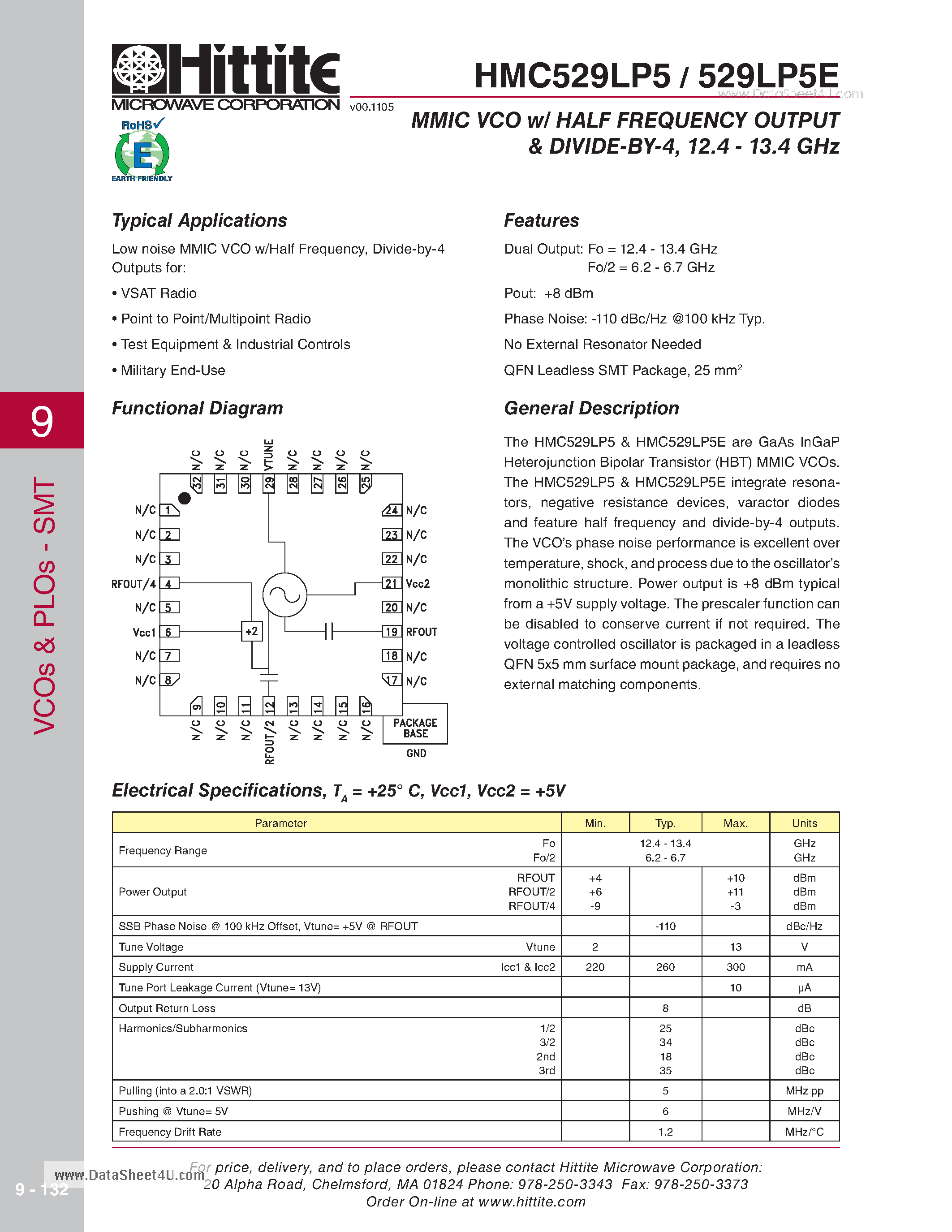 Даташит HMC529LP5 - MMIC VCO w/ HALF FREQUENCY OUTPUT & DIVIDE-BY-4 - 12.4 - 13.4 GHz страница 1