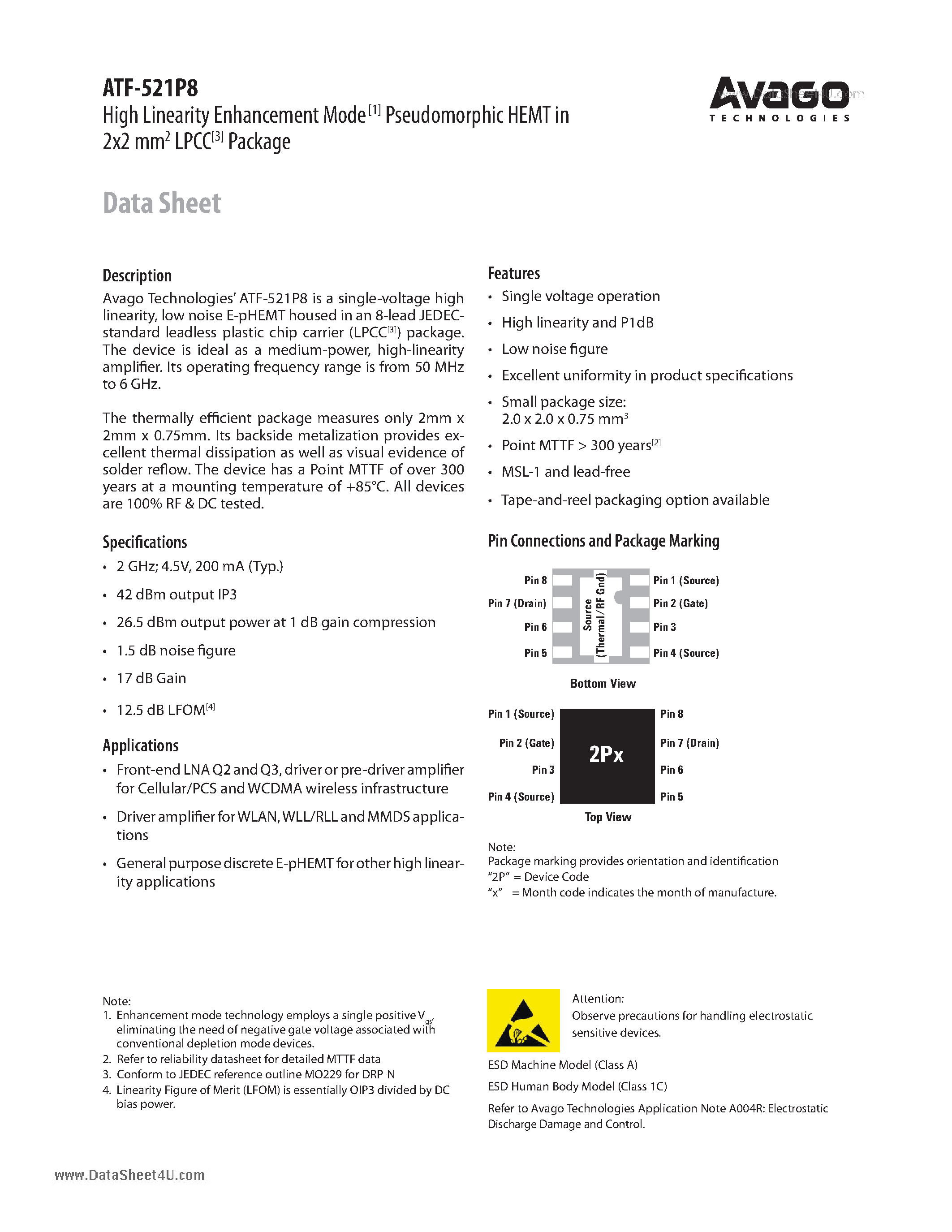 Datasheet ATF-521P8 - High Linearity Enhancement Mode[1] Pseudomorphic 2x2 mm2 LPCC[3] Package page 1