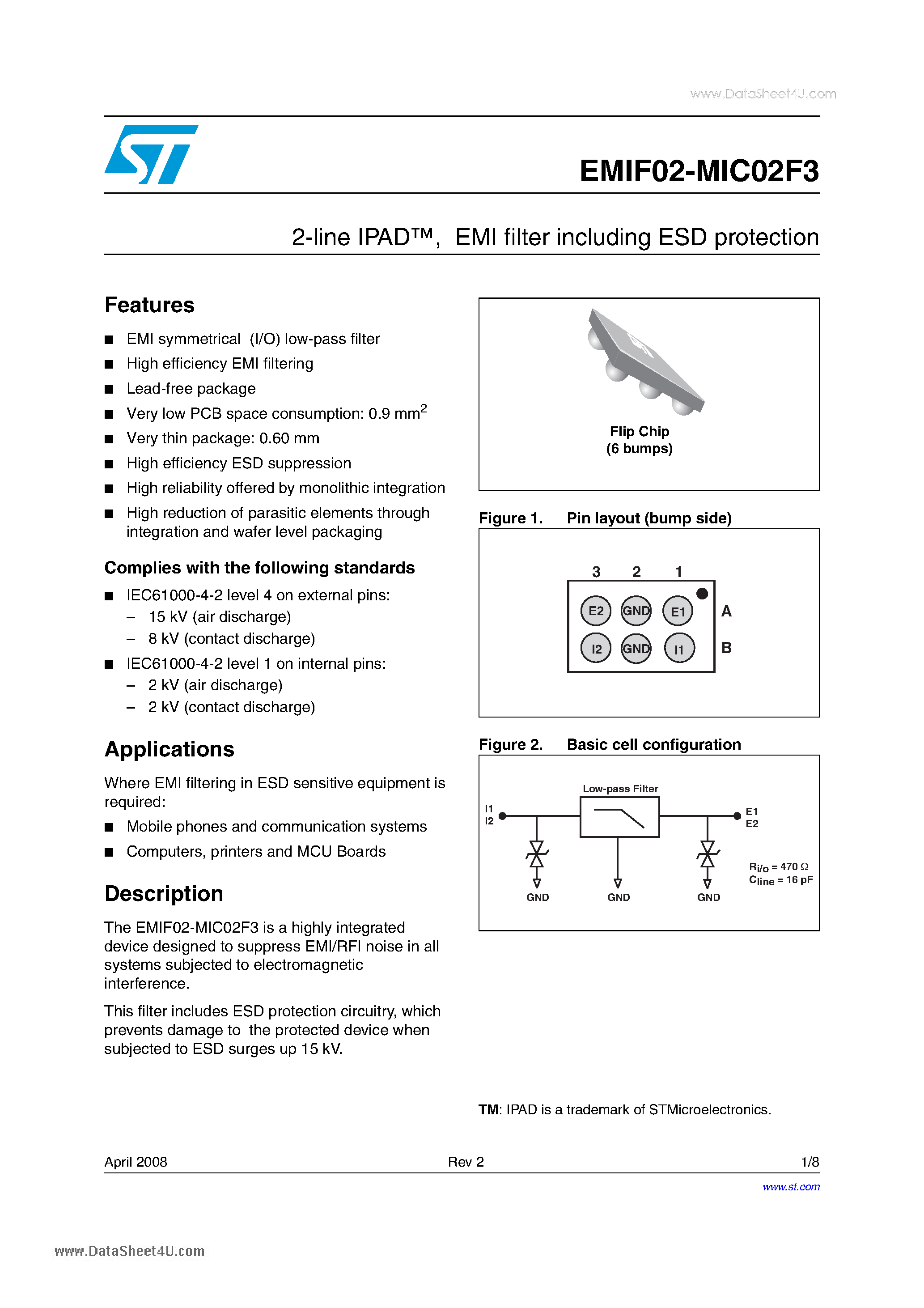 Datasheet EMIF02-MIC02F3 page 1 Datasheet EMIF02-MIC02F3 - 2-line IPAD and EMI filter including ESD protection page 1