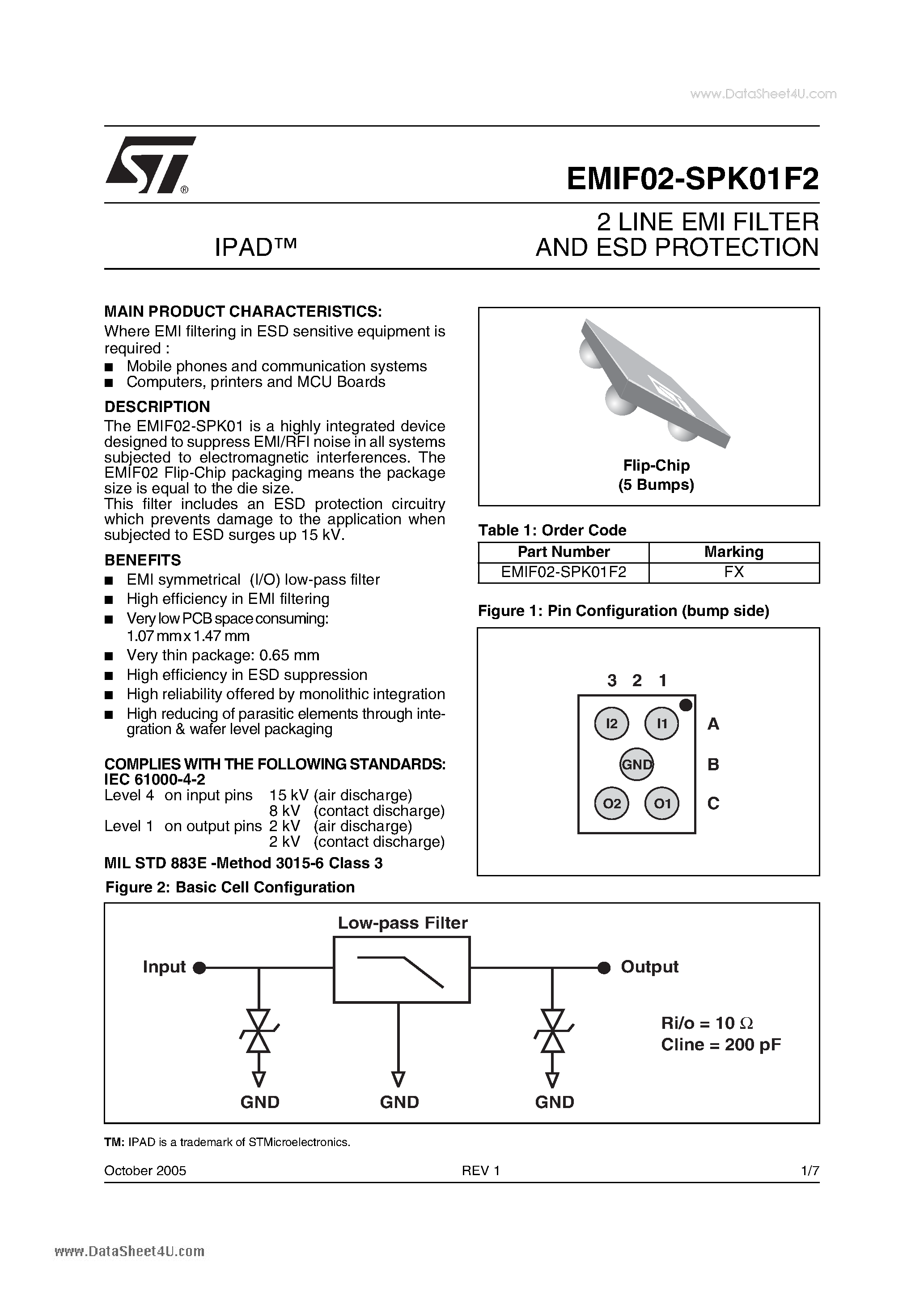 Даташит на микросхему EMIF02-SPK01F2 страница 1 Даташит EMIF02-SPK01F2 - 2 LINE EMI FILTER AND ESD PROTECTION страница 1