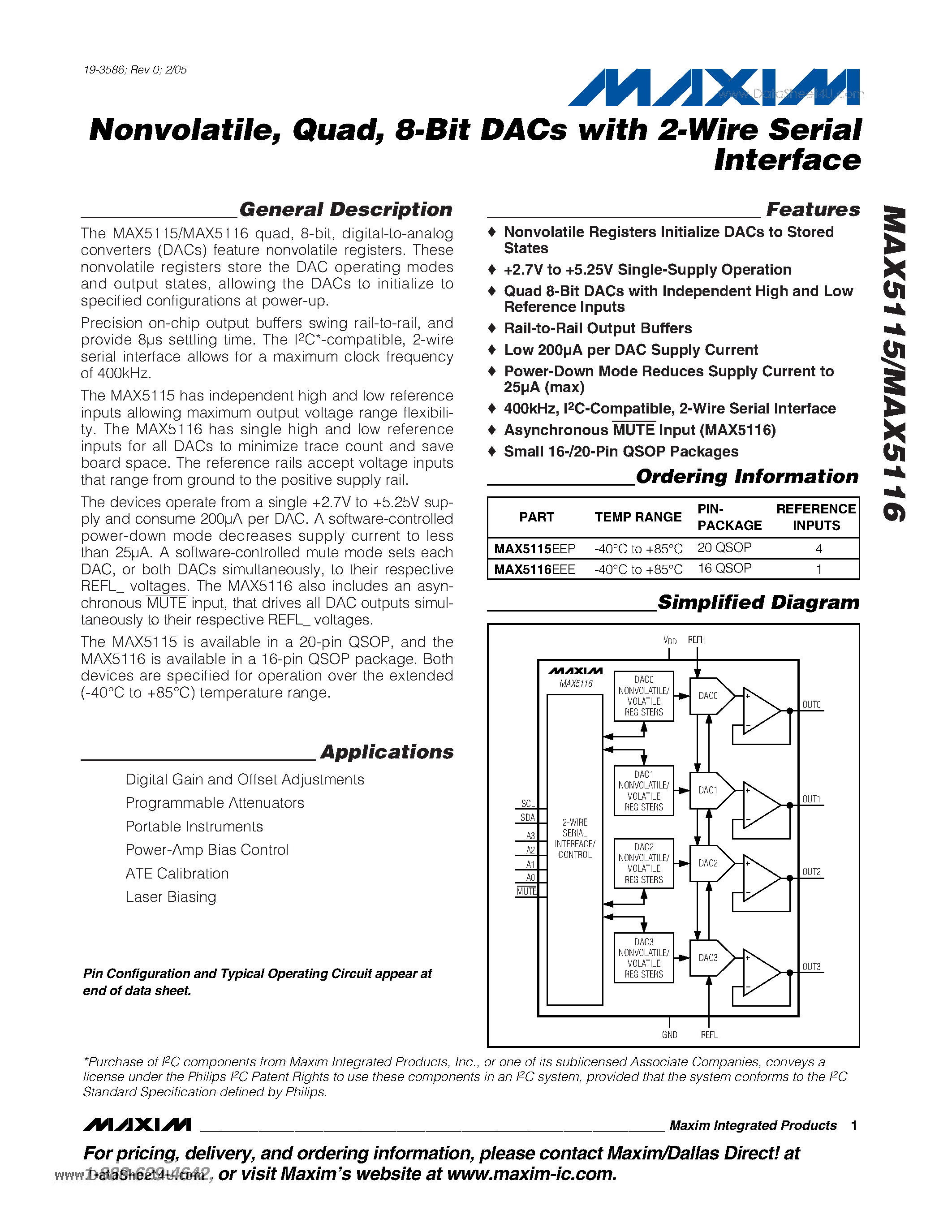 Datasheet MAX5115 page 1 Datasheet MAX5115 - Nonvolatile - Quad 8-Bit DACs with 2-Wire Serial Interface page 1