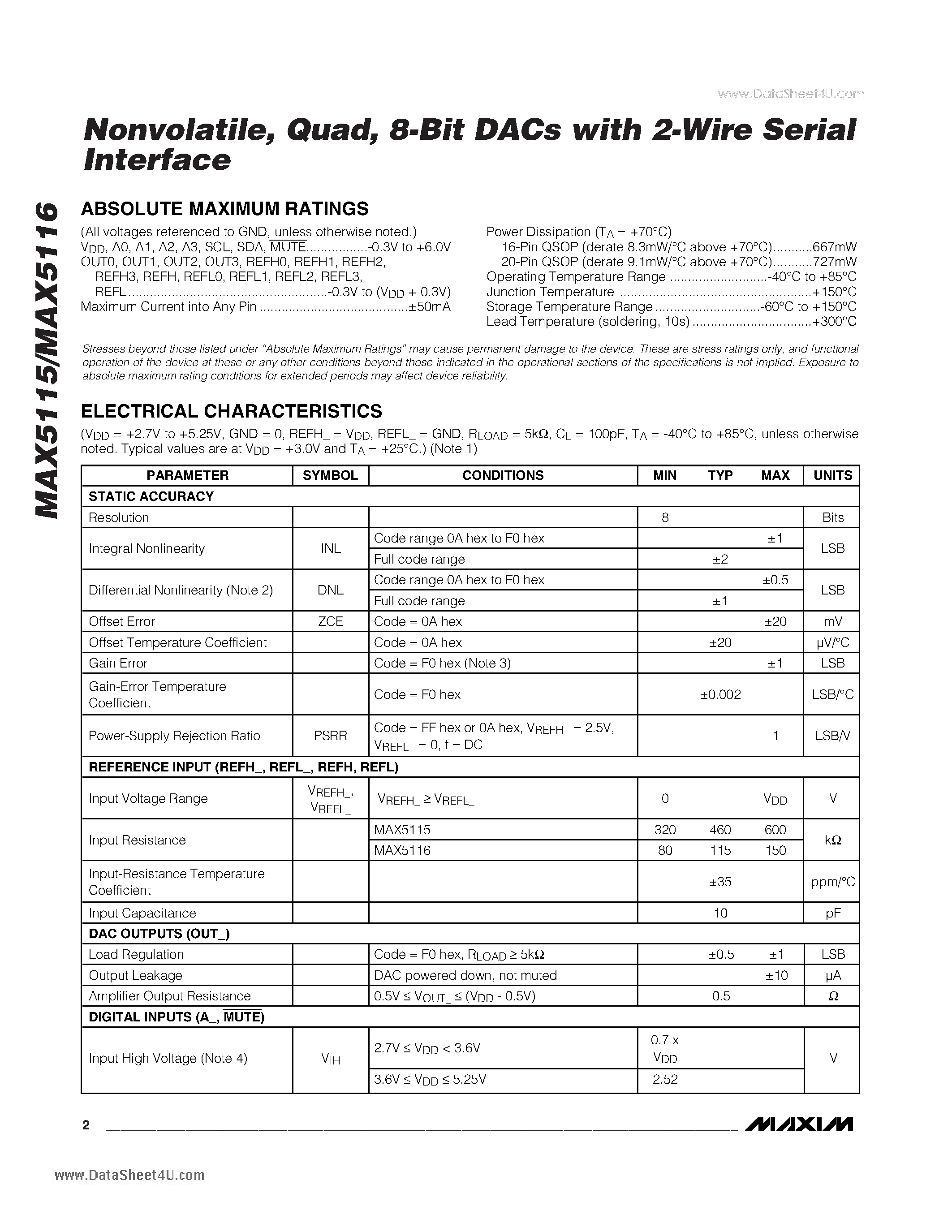 Datasheet MAX5115 page 2 Datasheet MAX5115 - Nonvolatile - Quad 8-Bit DACs with 2-Wire Serial Interface page 2