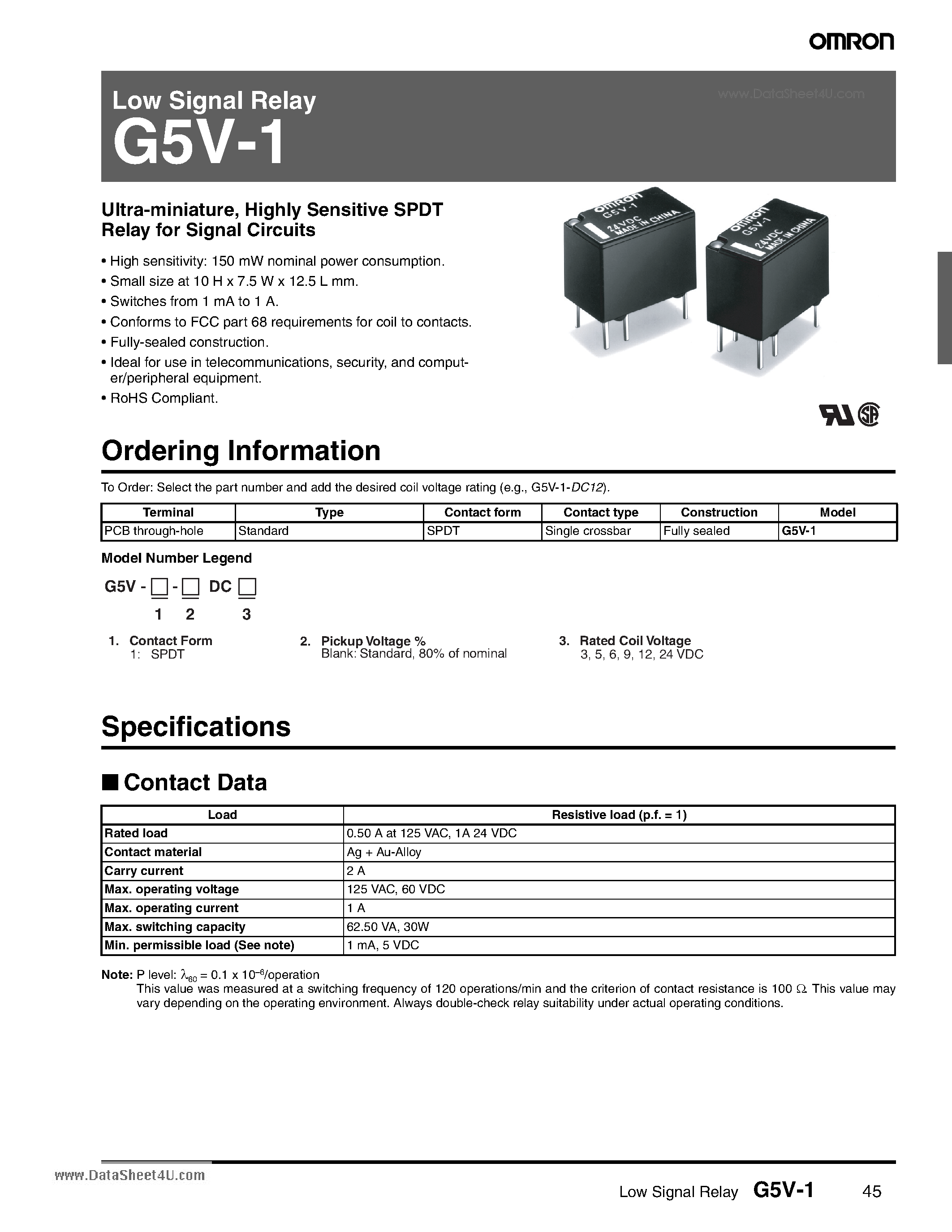 Даташит G5V-1 - Low Signal Relay страница 1