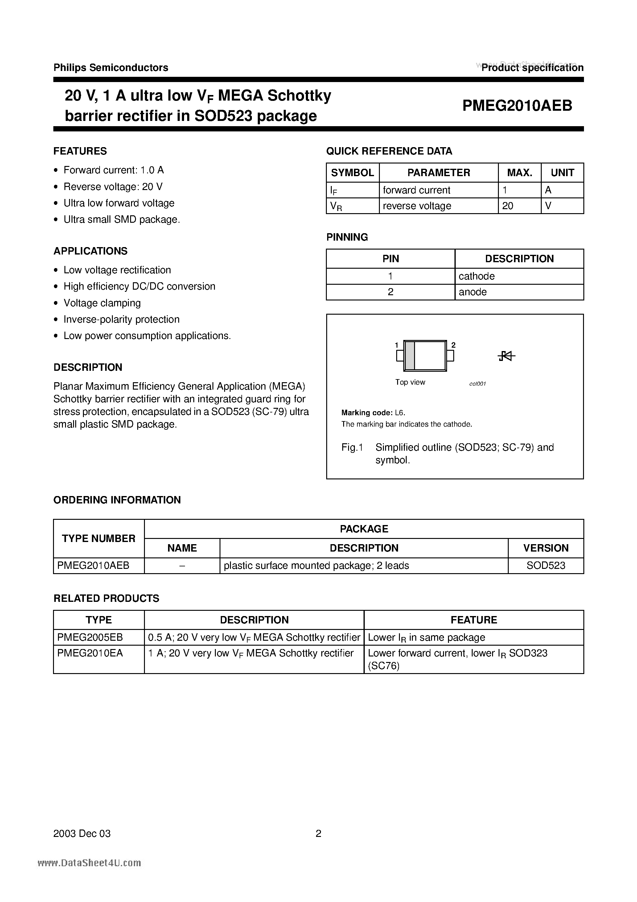 Даташит PMEG2010AEB - 20 V/ 1 A ultra low VF MEGA Schottky barrier rectifier in SOD523 package страница 2