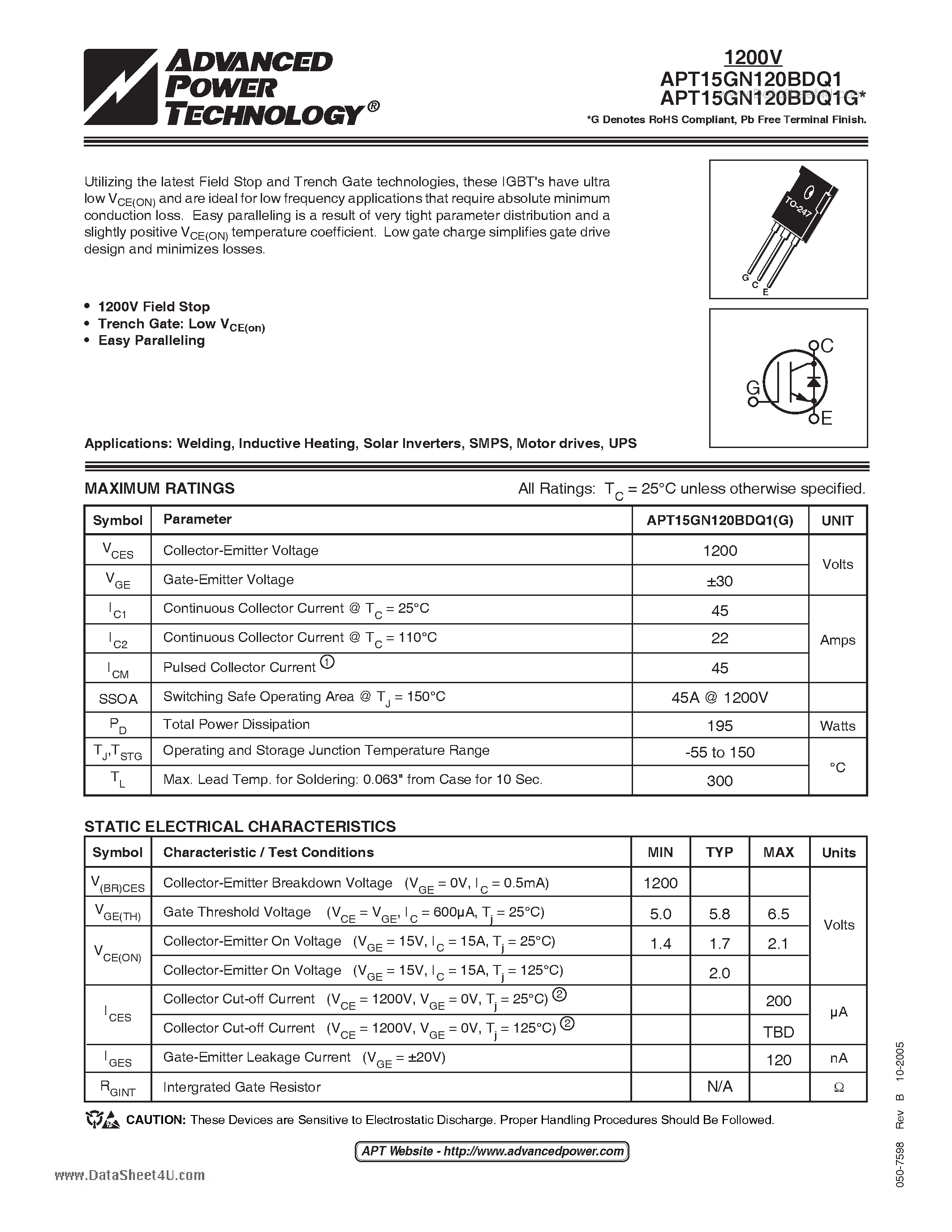 Datasheet APT15GN120BDQ1 page 1 Datasheet APT15GN120BDQ1 - ULTRAFAST SOFT RECOVERY RECTIFIER DIODE page 1