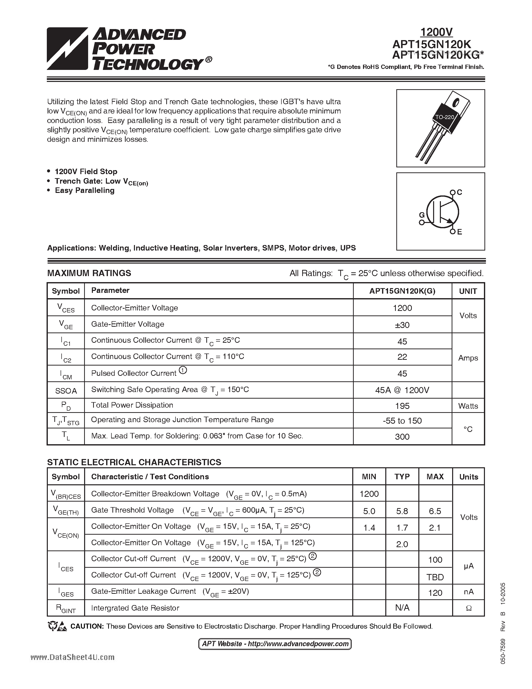 Datasheet APT15GN120K page 1 Datasheet APT15GN120K - ULTRAFAST SOFT RECOVERY RECTIFIER DIODE page 1