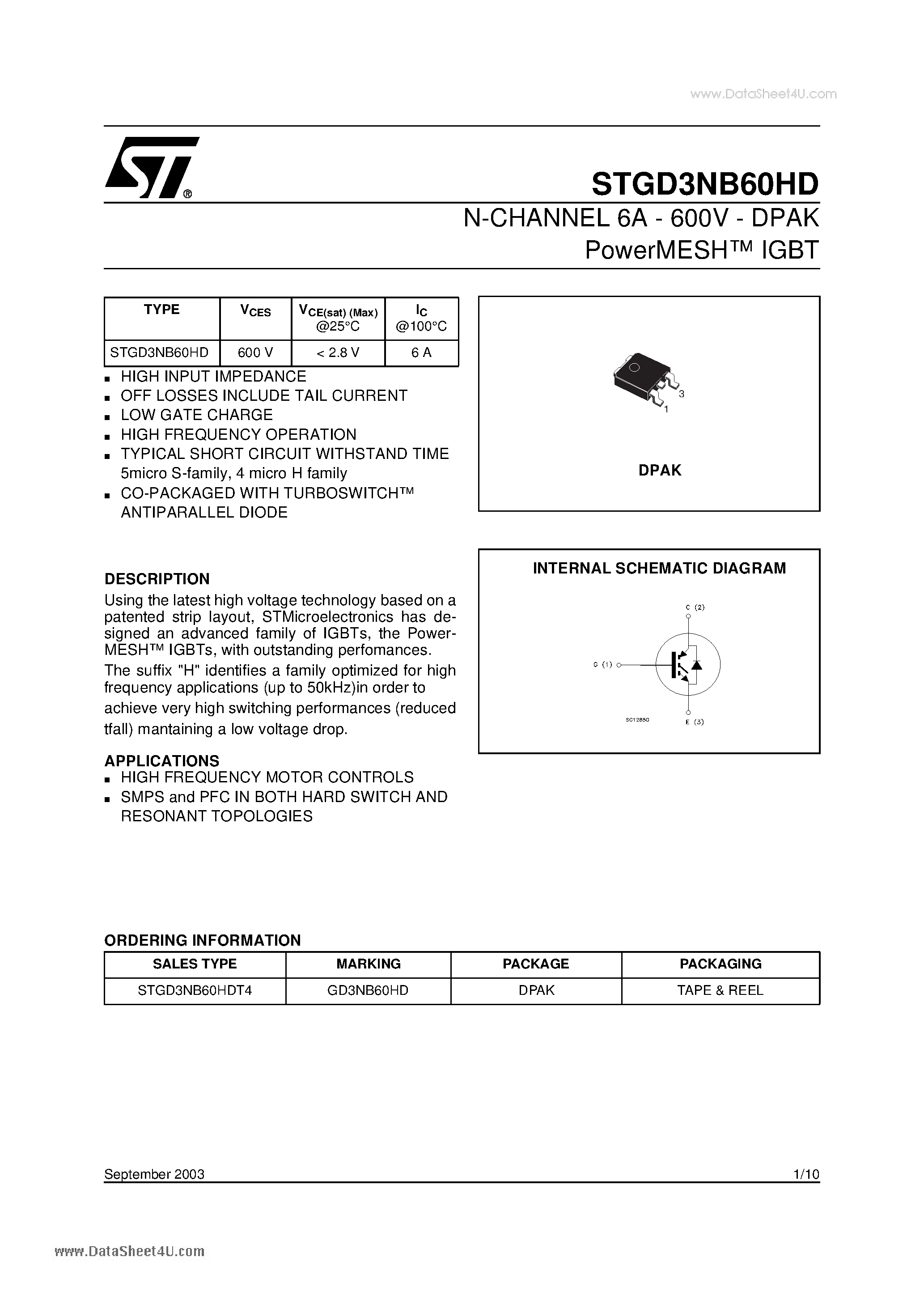 Datasheet STGD3NB60HD page 1 Datasheet STGD3NB60HD - N-CHANNEL 6A - 600V - DPAK PowerMESH IGBT page 1